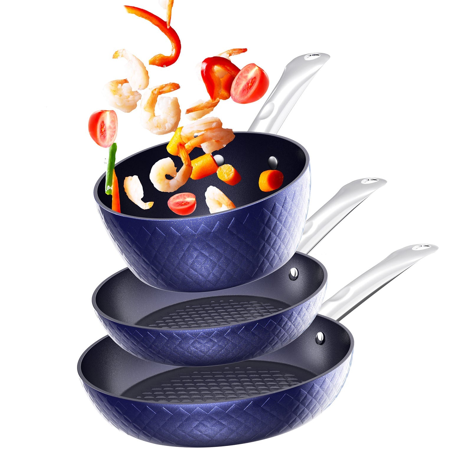 Blue 3-piece non-stick frying pan set with 3D diamond pattern for even heat distribution.