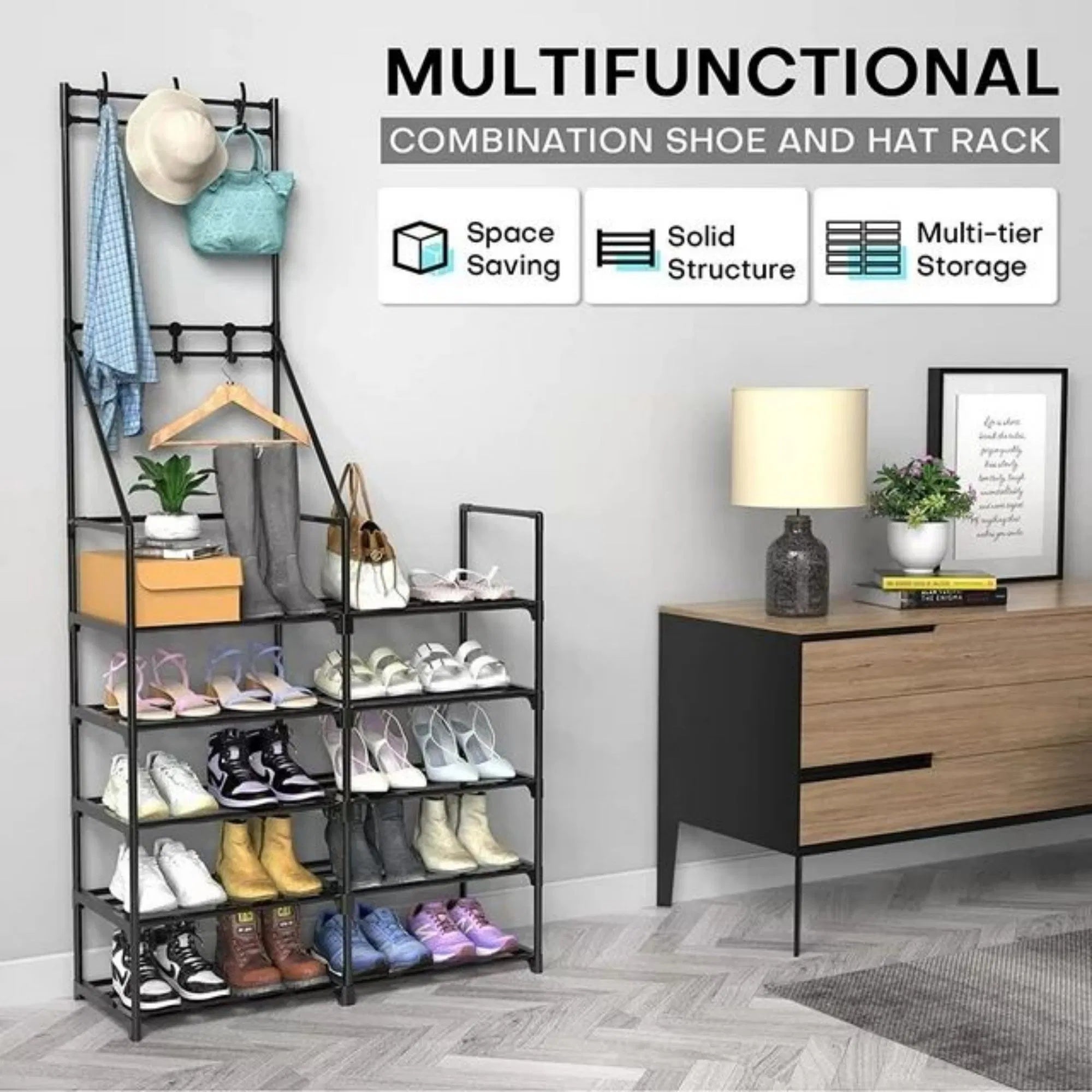 Multifunctional shoe and hat rack with shoes, hats, and bags on shelves in a room setting.