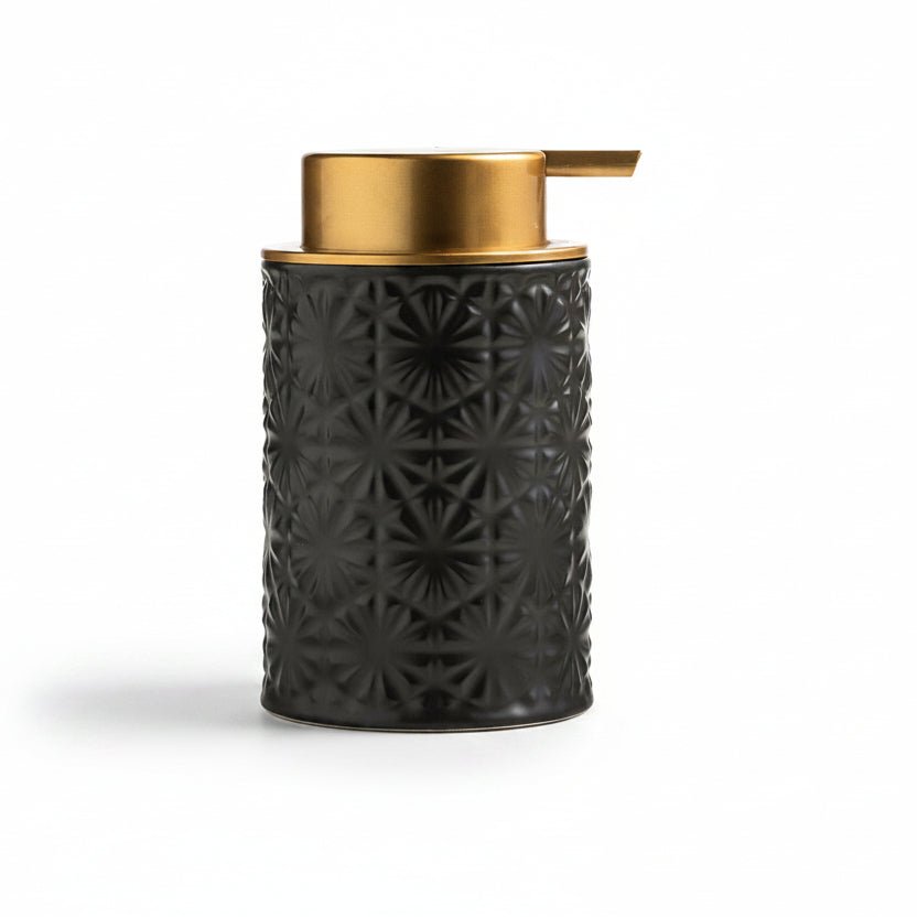 Matte black embossed lotion bottle with gold pump, showing dimensions and weight on a white background.