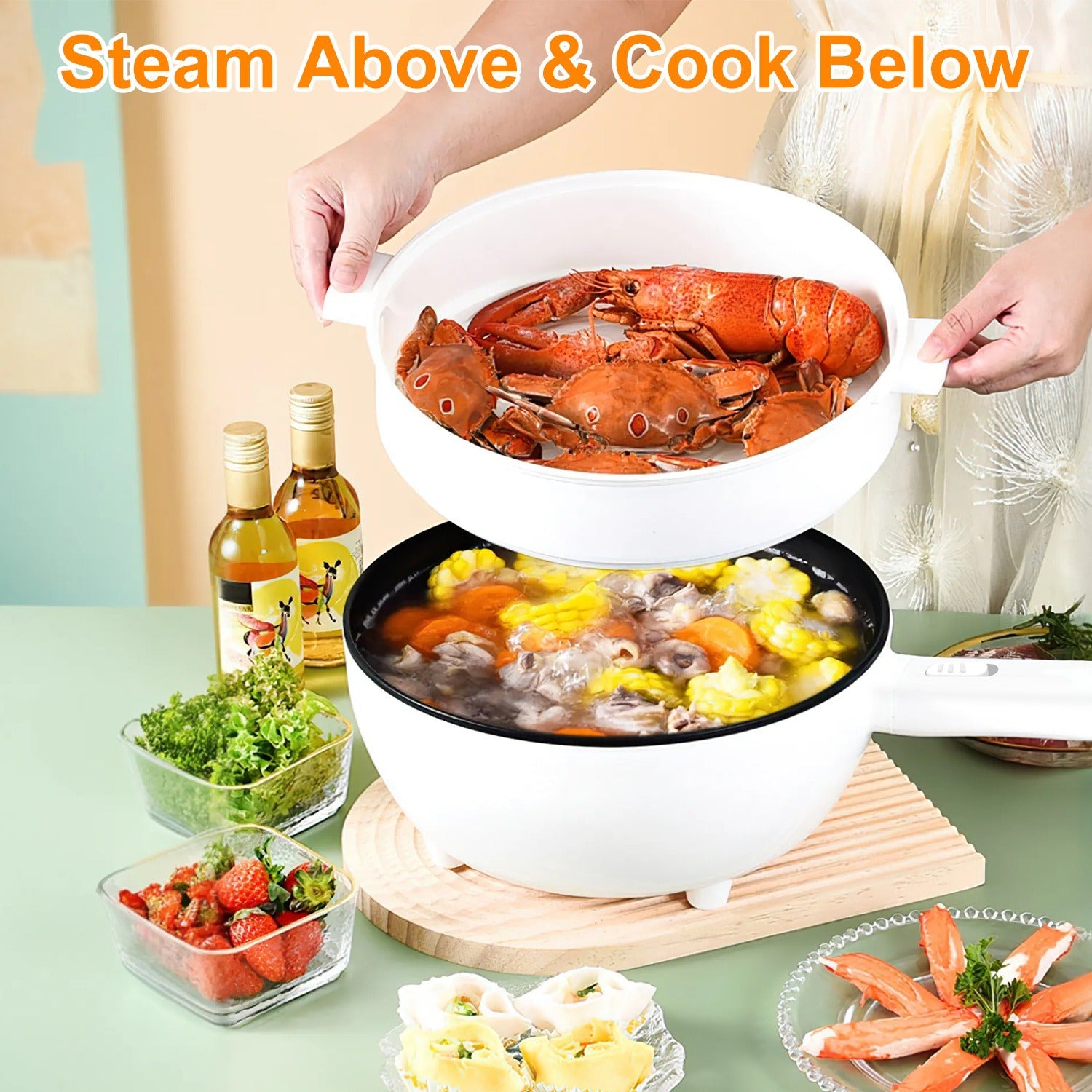 Person holding a white bowl with steamed lobsters above a black pot with cooked food on a table.