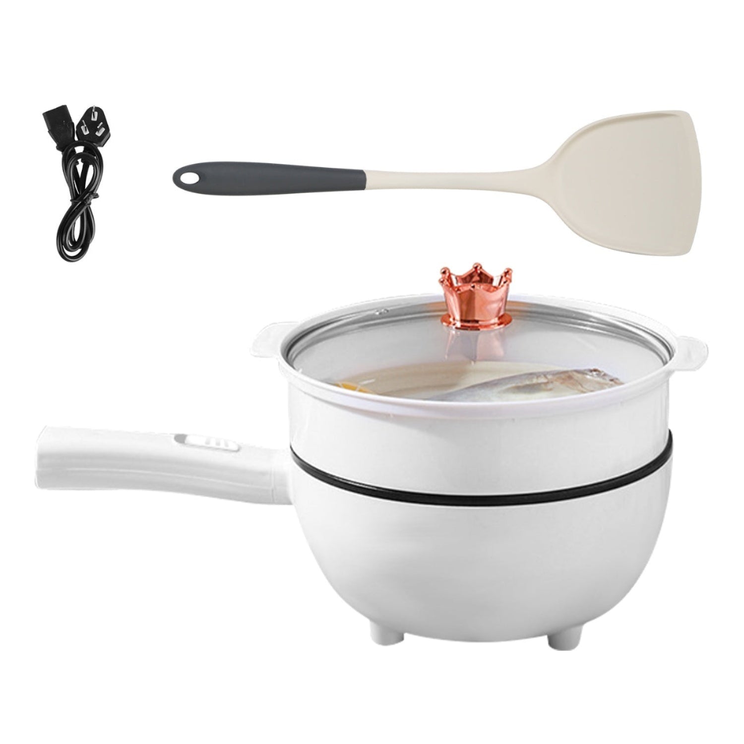 White electric pot with lid, power cord, and spatula on a white background