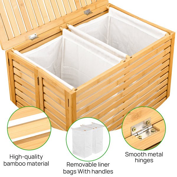 Wooden storage box with white liner bags, highlighting high-quality bamboo material, removable liner bags with handles, and smooth metal hinges.