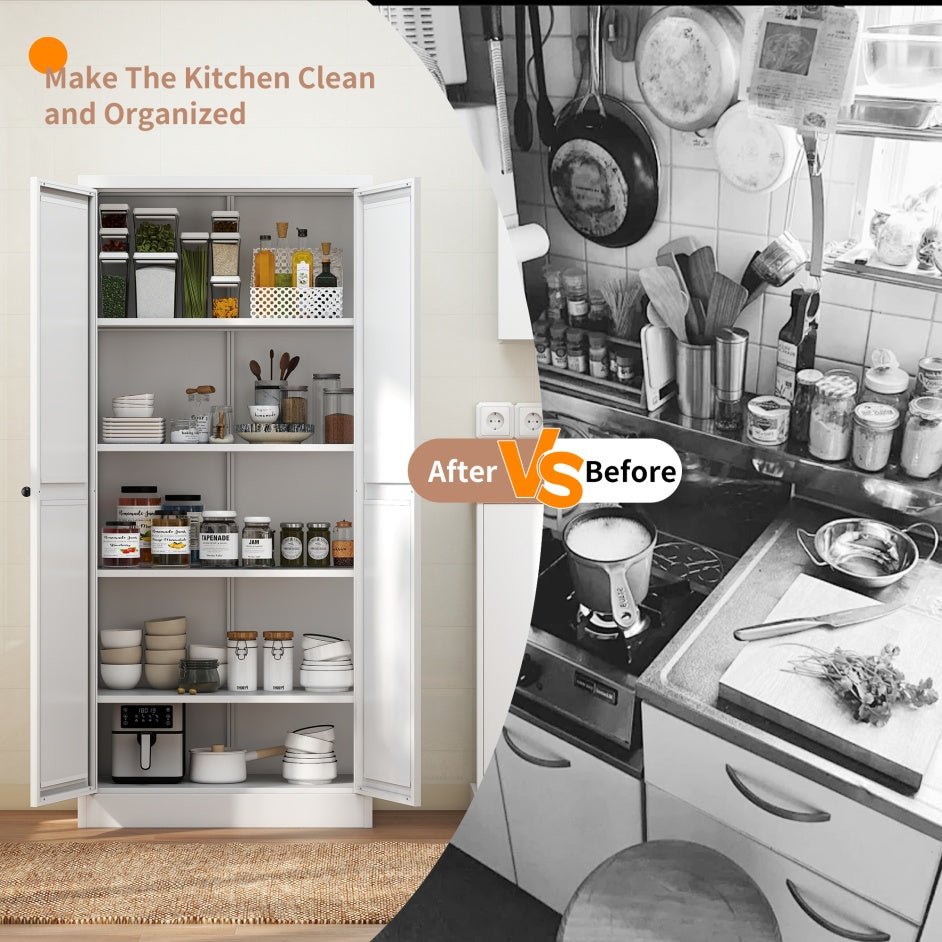 Before and after comparison of a kitchen setup with organized shelves and cluttered counter.