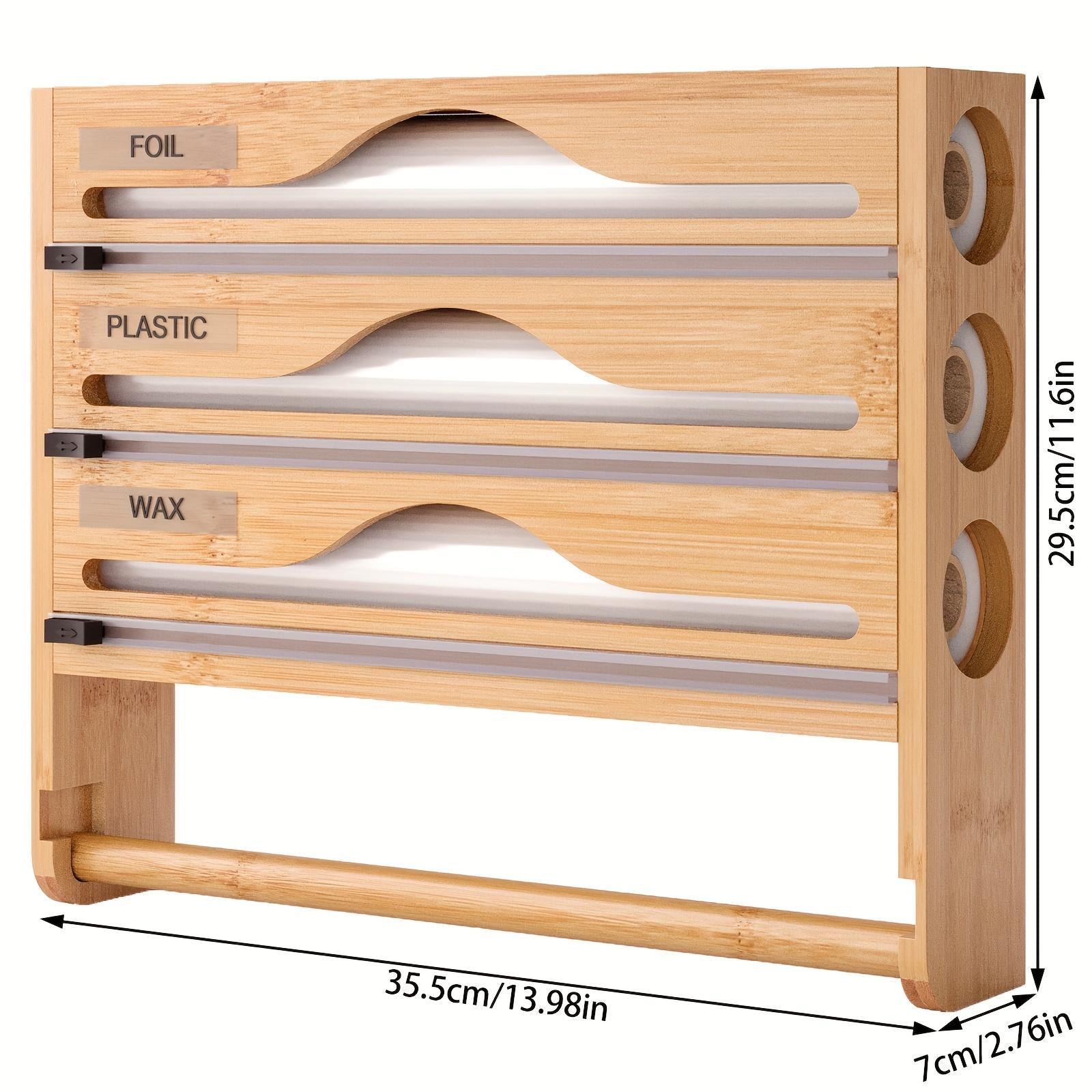 Wooden organizer with compartments for foil, plastic, and wax, with dimensions displayed.