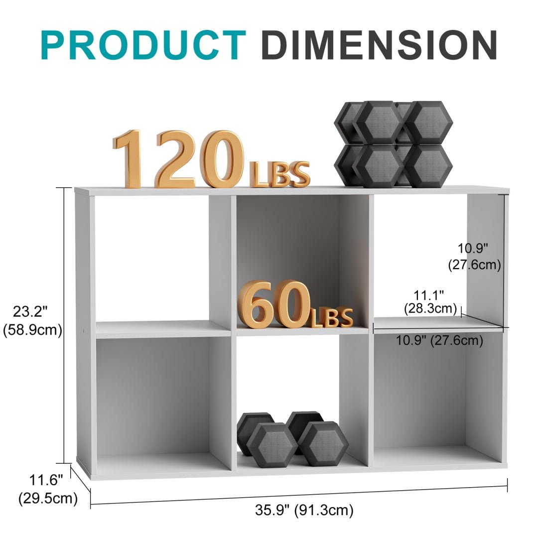 White storage shelf with labeled dimensions and weight capacity, featuring dumbbells.