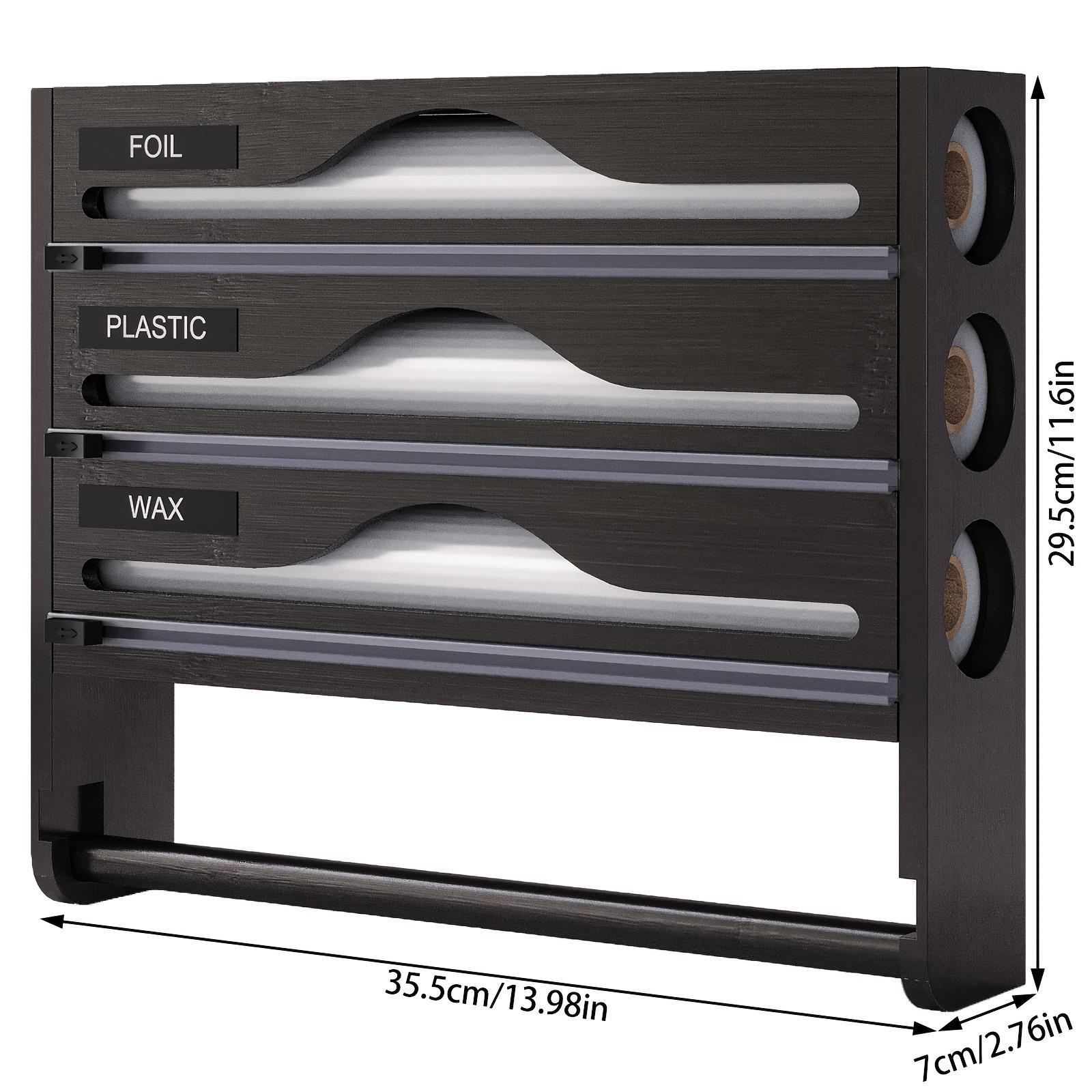 Black multi-layer storage organizer with labeled sections for foil, plastic, and wax, with dimensions displayed.