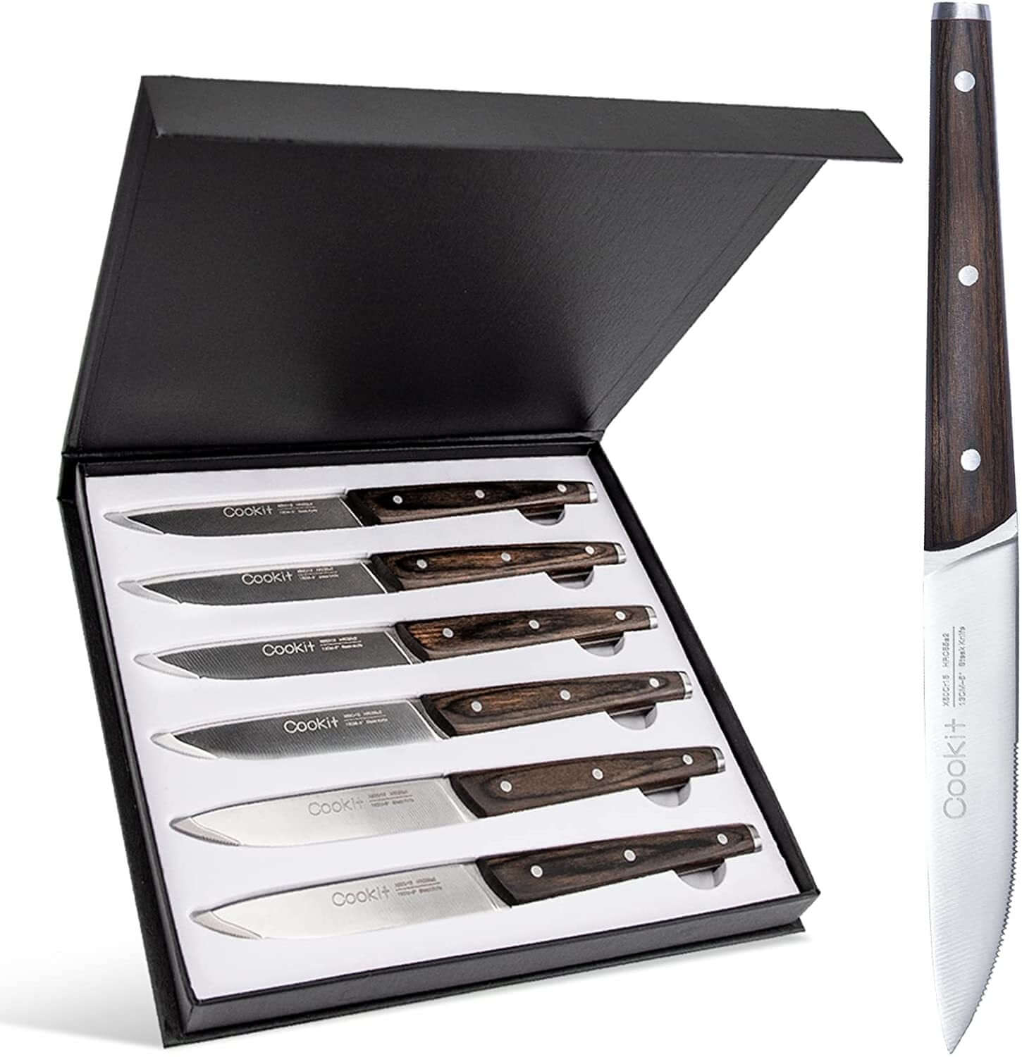 6-piece serrated stainless steel steak knife set in gift box.