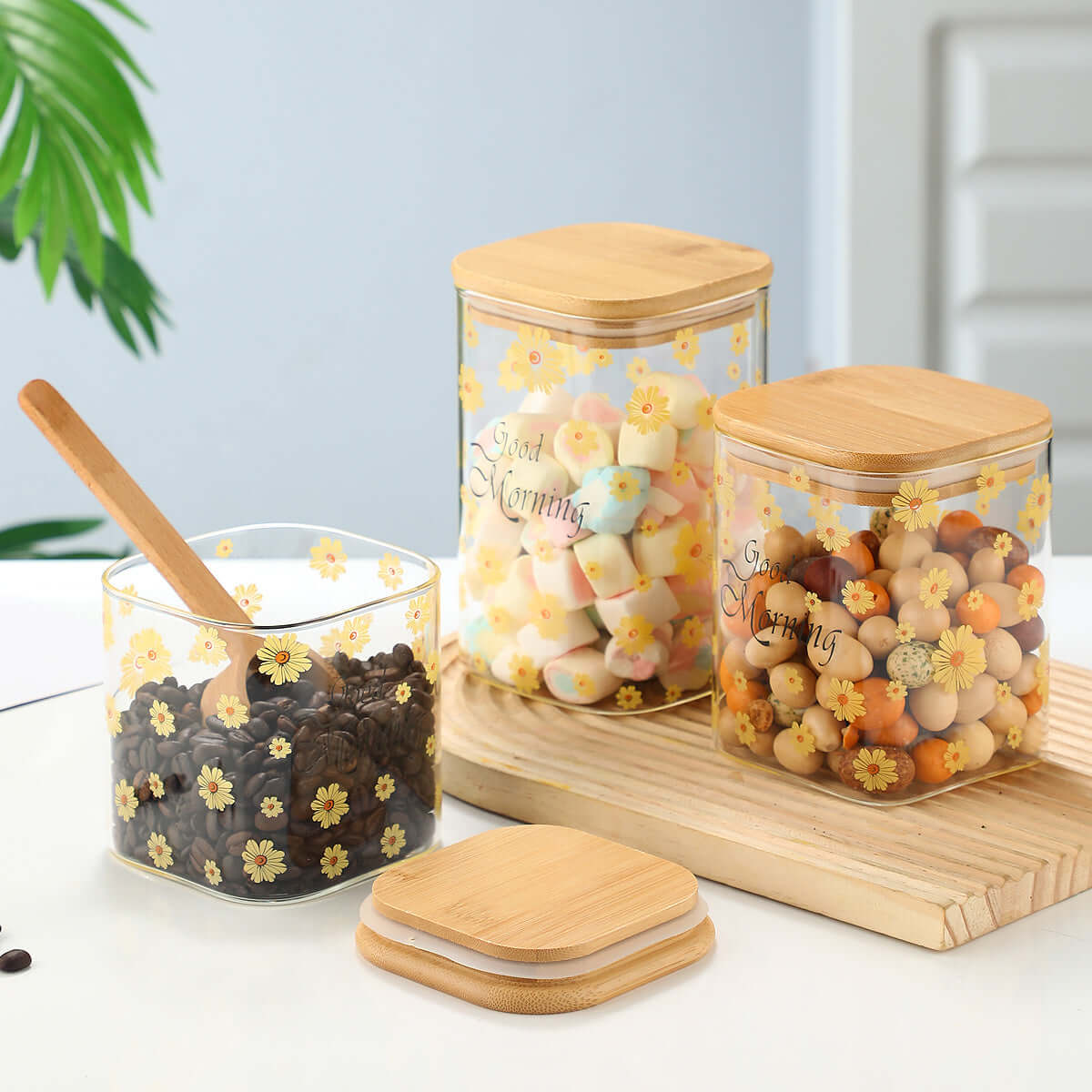 3 Pcs Glass jars with lids Storage Jars Coffee Jars Candy Jar - TableFab