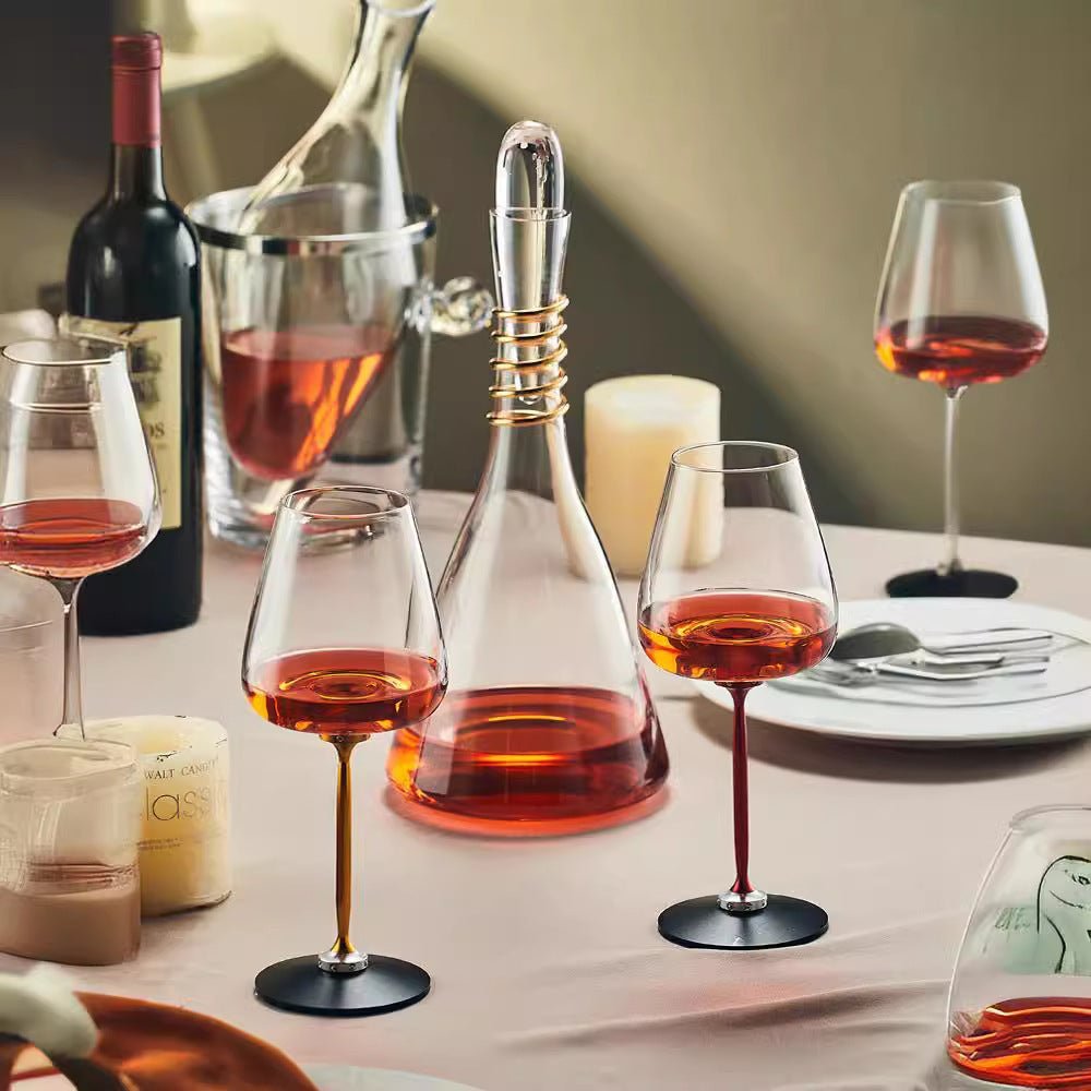 Elegant rotational decanter cup on table, enhancing wine aeration and aroma with unique design.