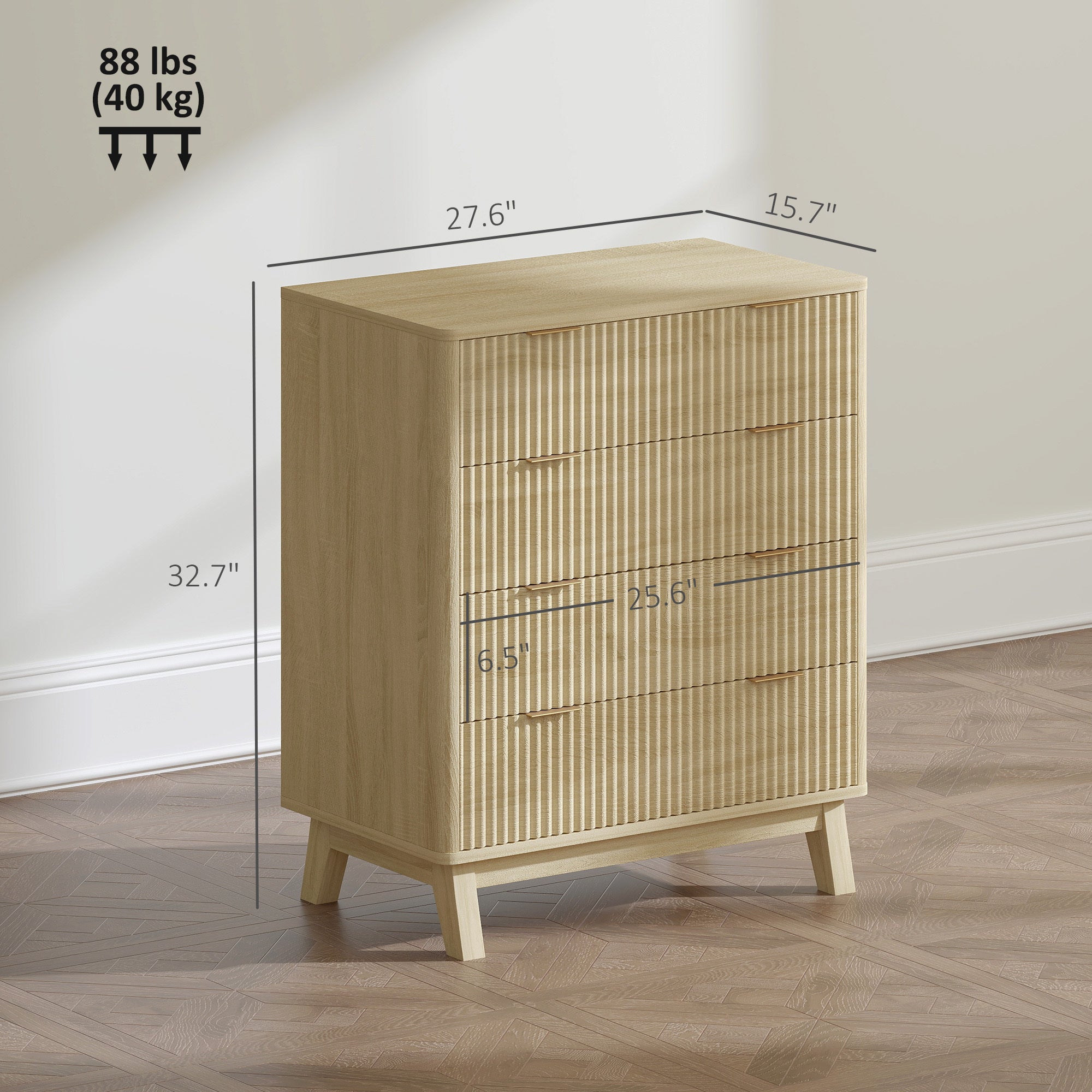 Wooden dresser with dimensions labeled on a wooden floor.