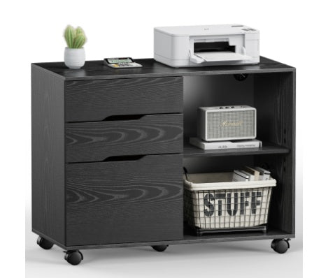Black storage cabinet with drawers, a printer, and a basket labeled 'STUFF' on a white background.