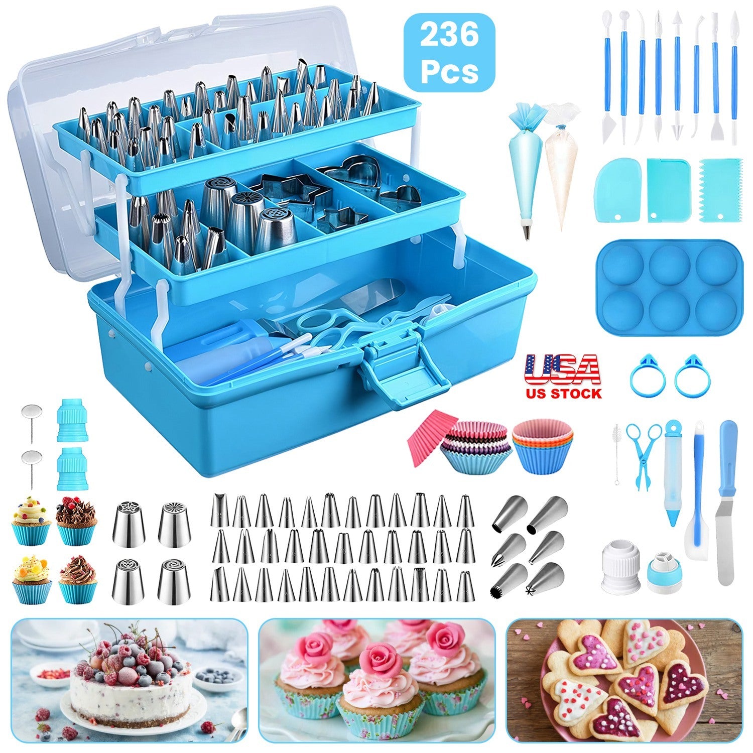 236-piece cake decorating tool set with blue storage case, various tools, and examples of decorated cakes and cookies.