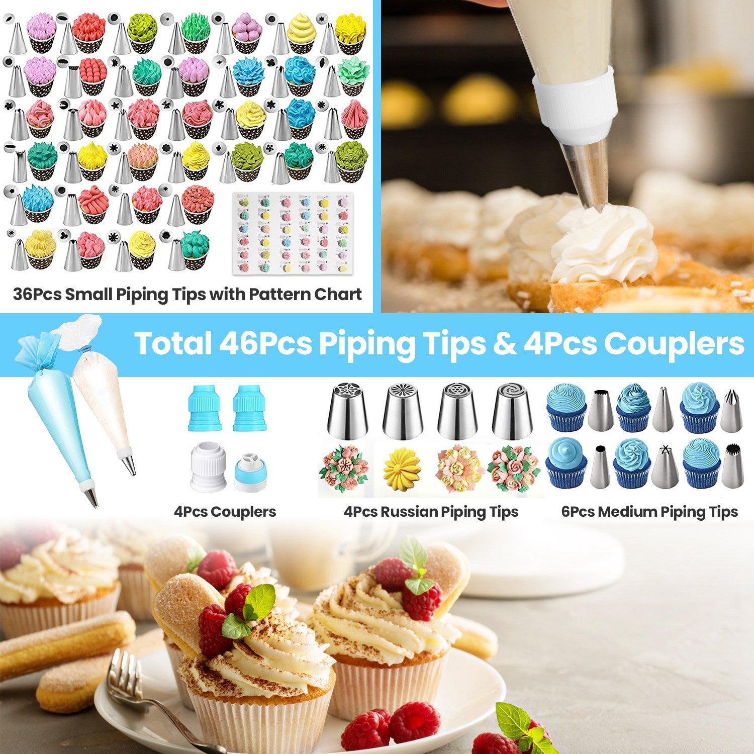 Baking set with piping tips, couplers, and decorated cupcakes on a table.