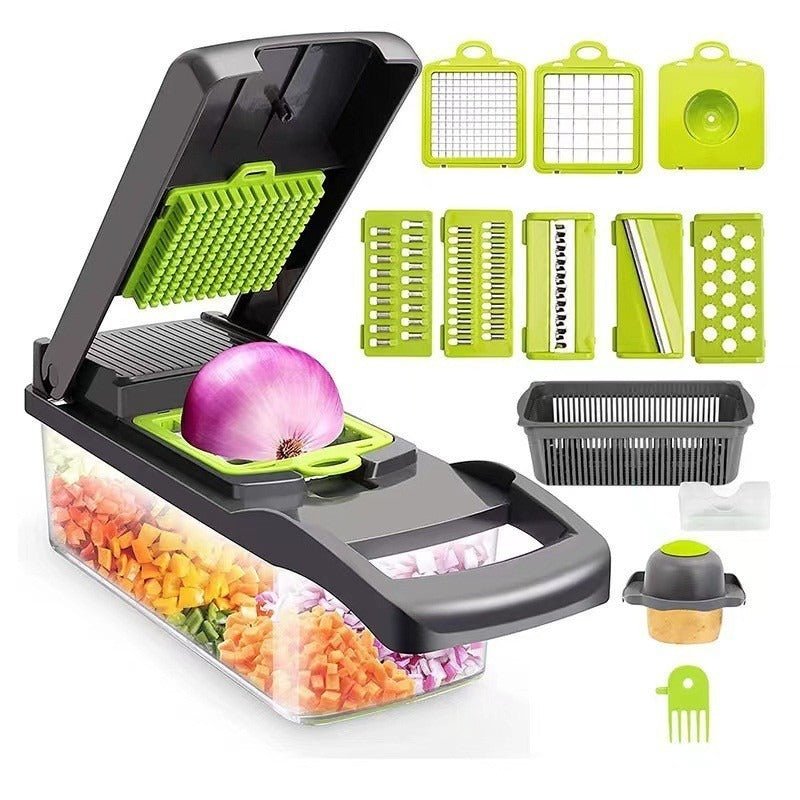 10-in-1 gray vegetable slicer and chopper with interchangeable blades for efficient meal prep.