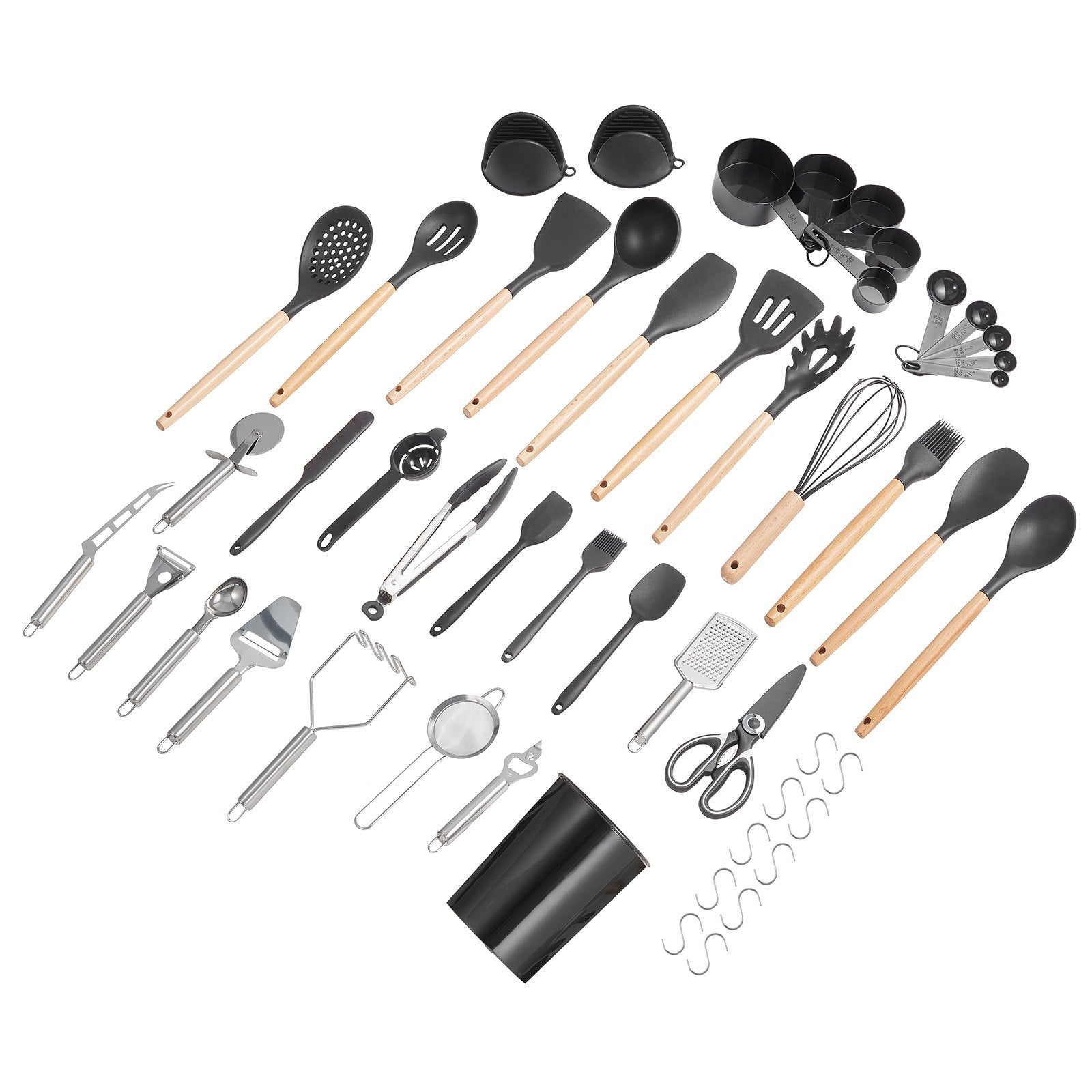 Set of kitchen utensils including spatulas, spoons, and scissors on a white background