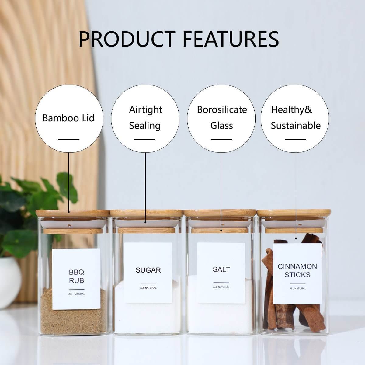 12 Pcs Square Spice Jars With Stickers, - TableFab