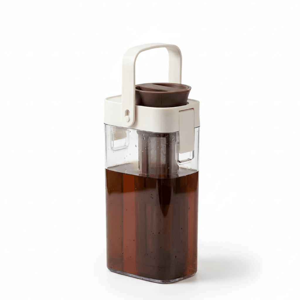 A clear plastic water bottle with a dark brown lid and a cream-colored carrying handle, shown on a solid white background.