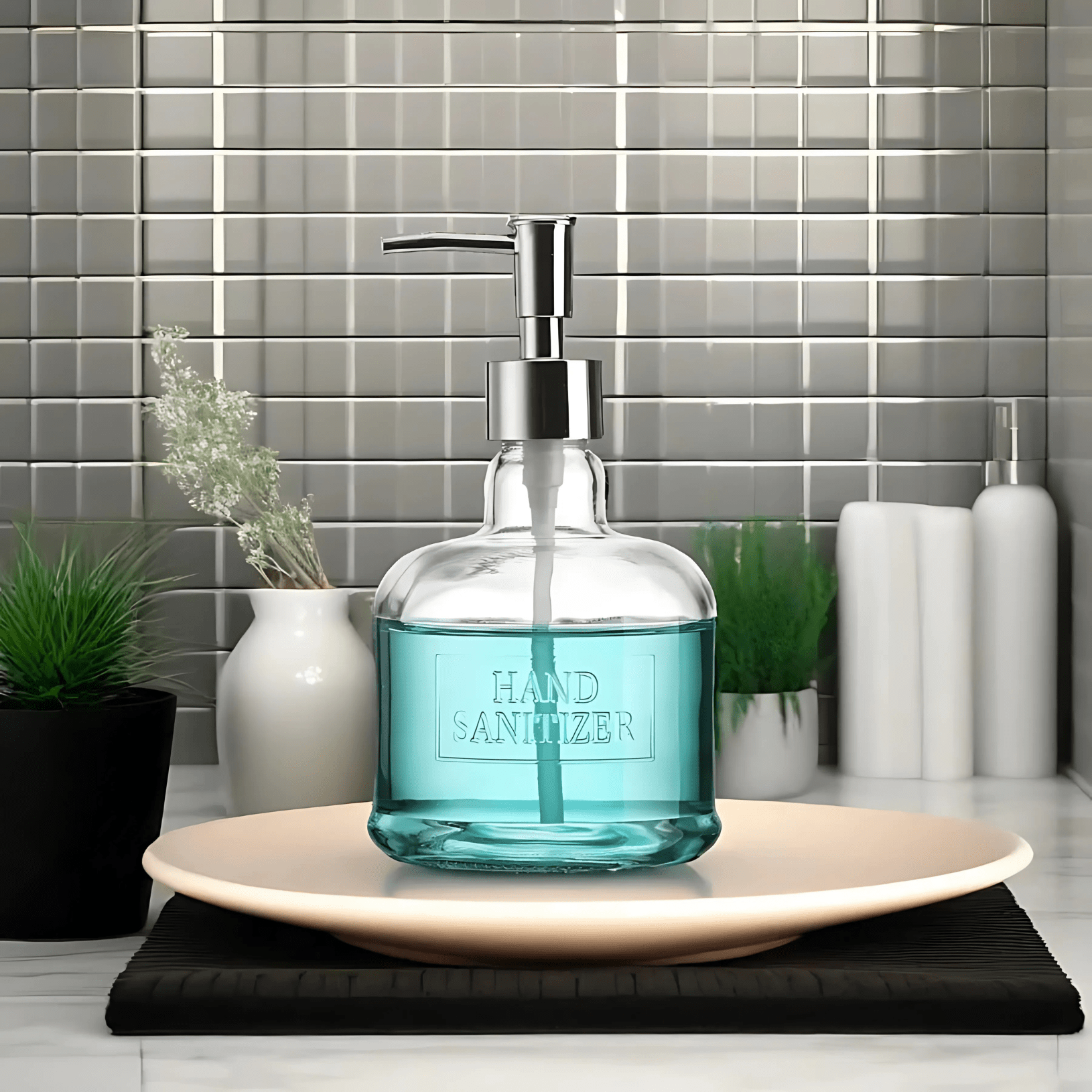 Embossed glass soap dispenser, elegant, high-quality, 18 oz capacity, bathroom decor.
