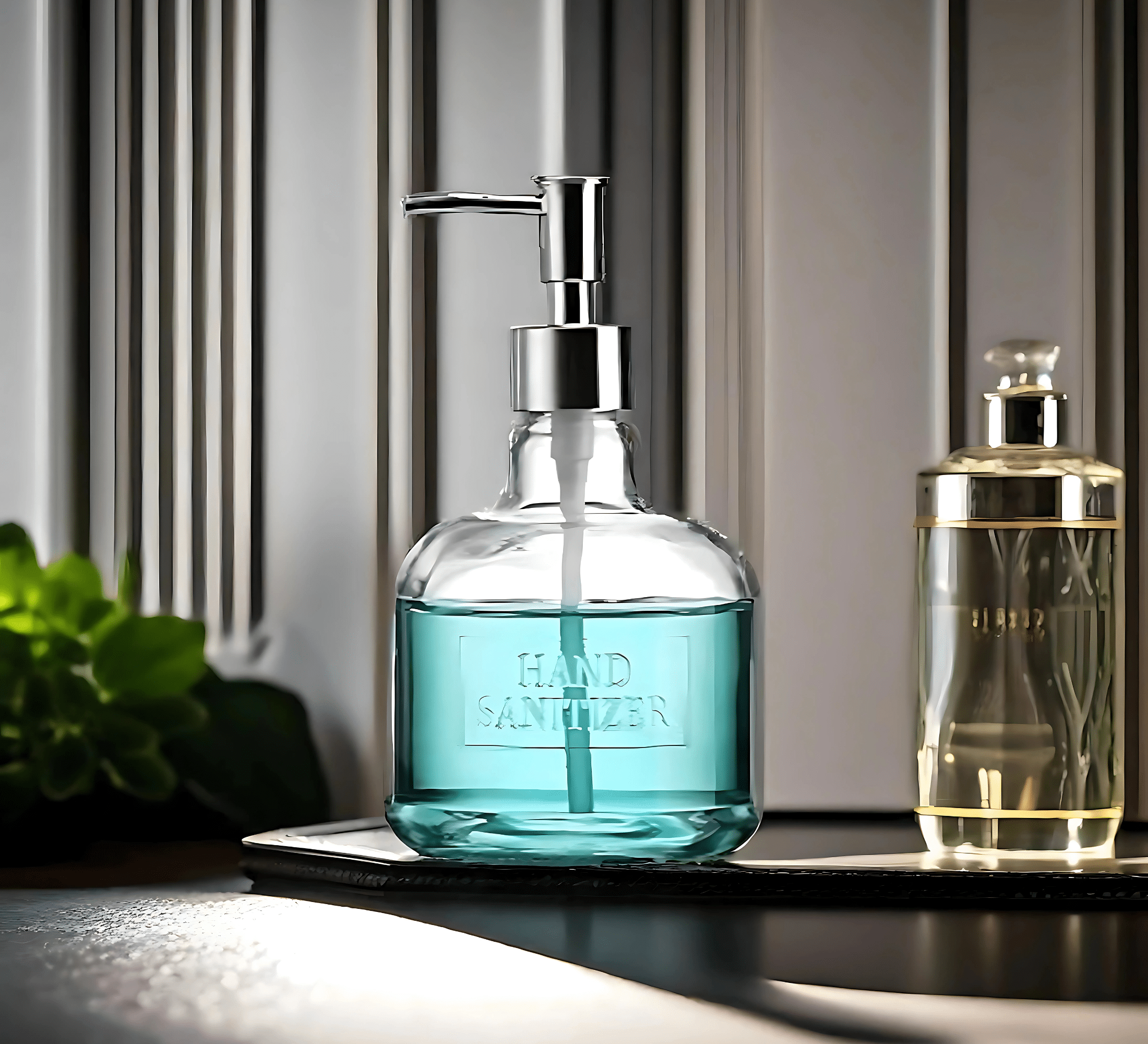 Clear embossed glass hand sanitizer dispenser with pump, elegant addition for home decor, 18 oz capacity.