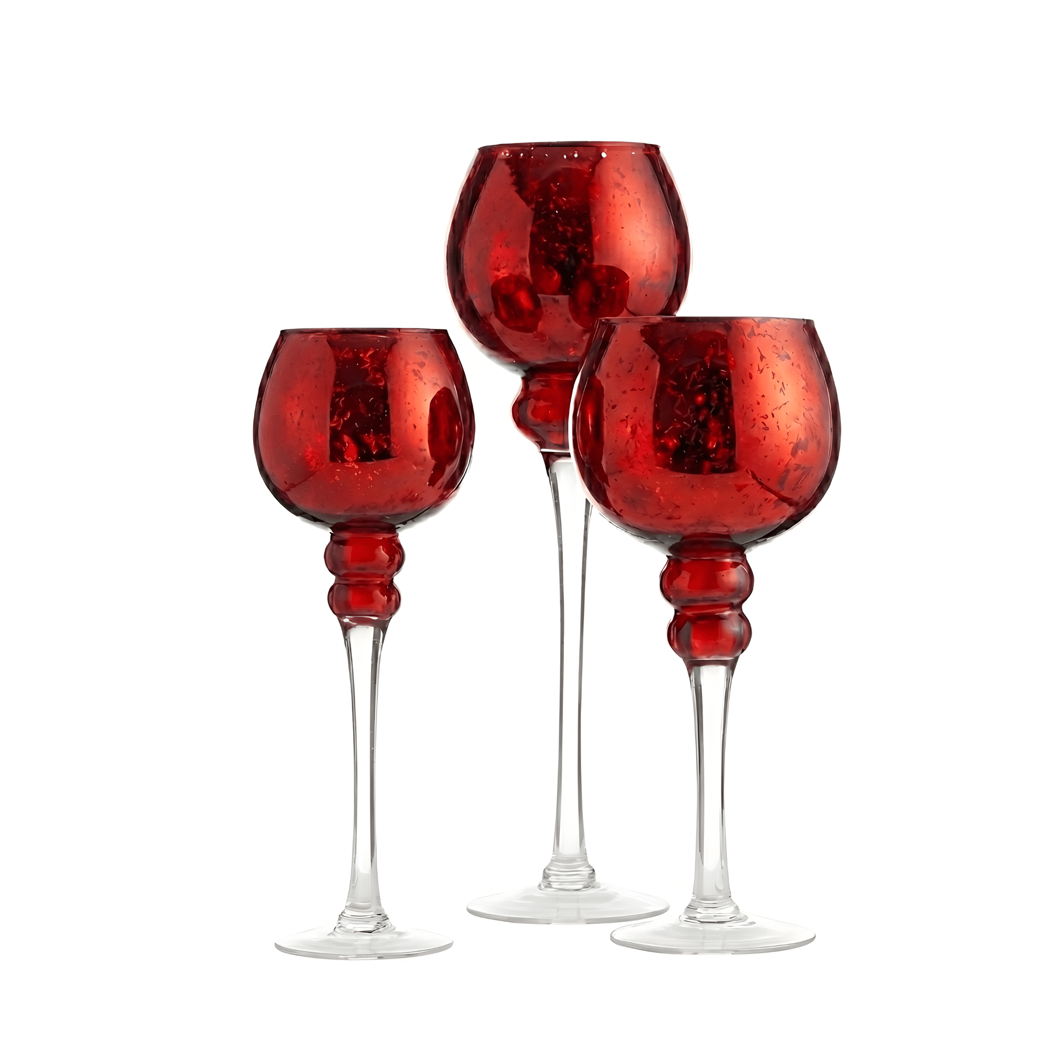 Set of four red wine glasses with a white background