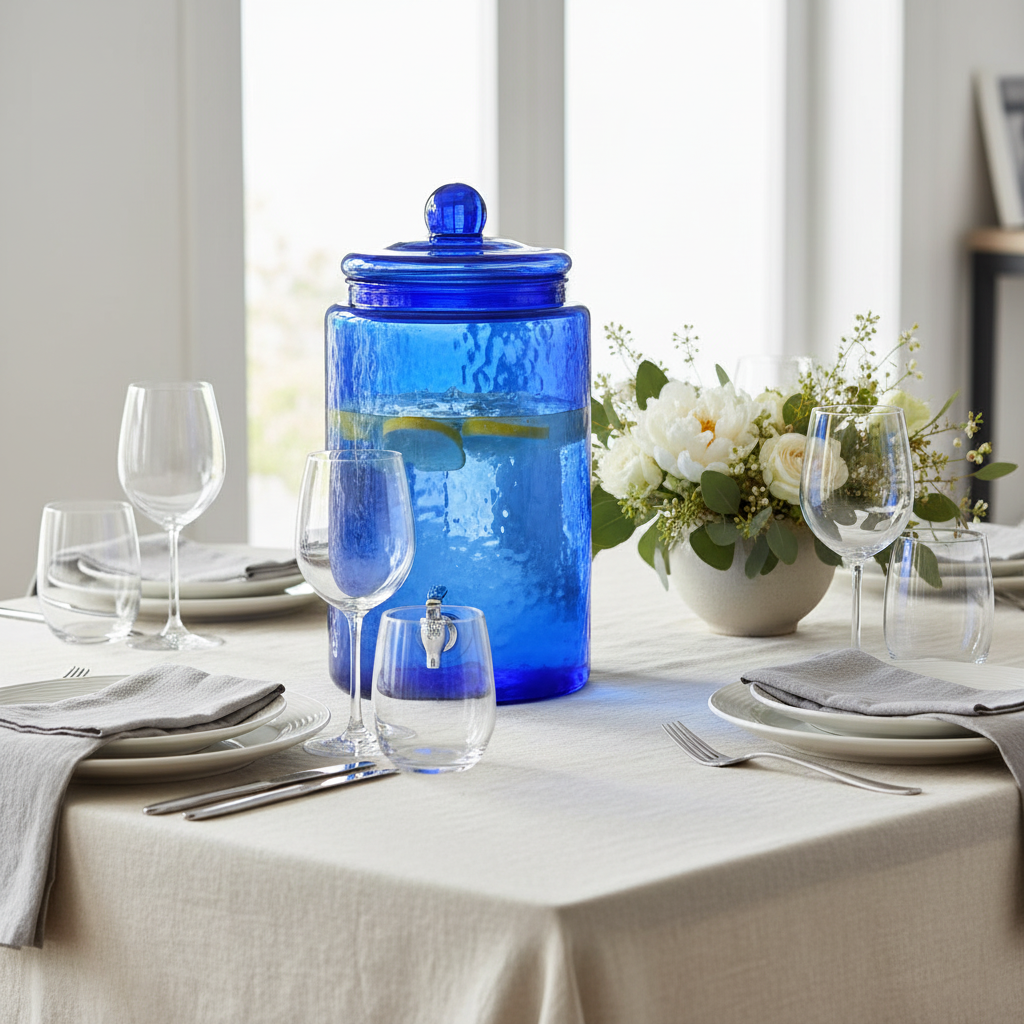 Blue glass drink dispenser with a tap on a white background