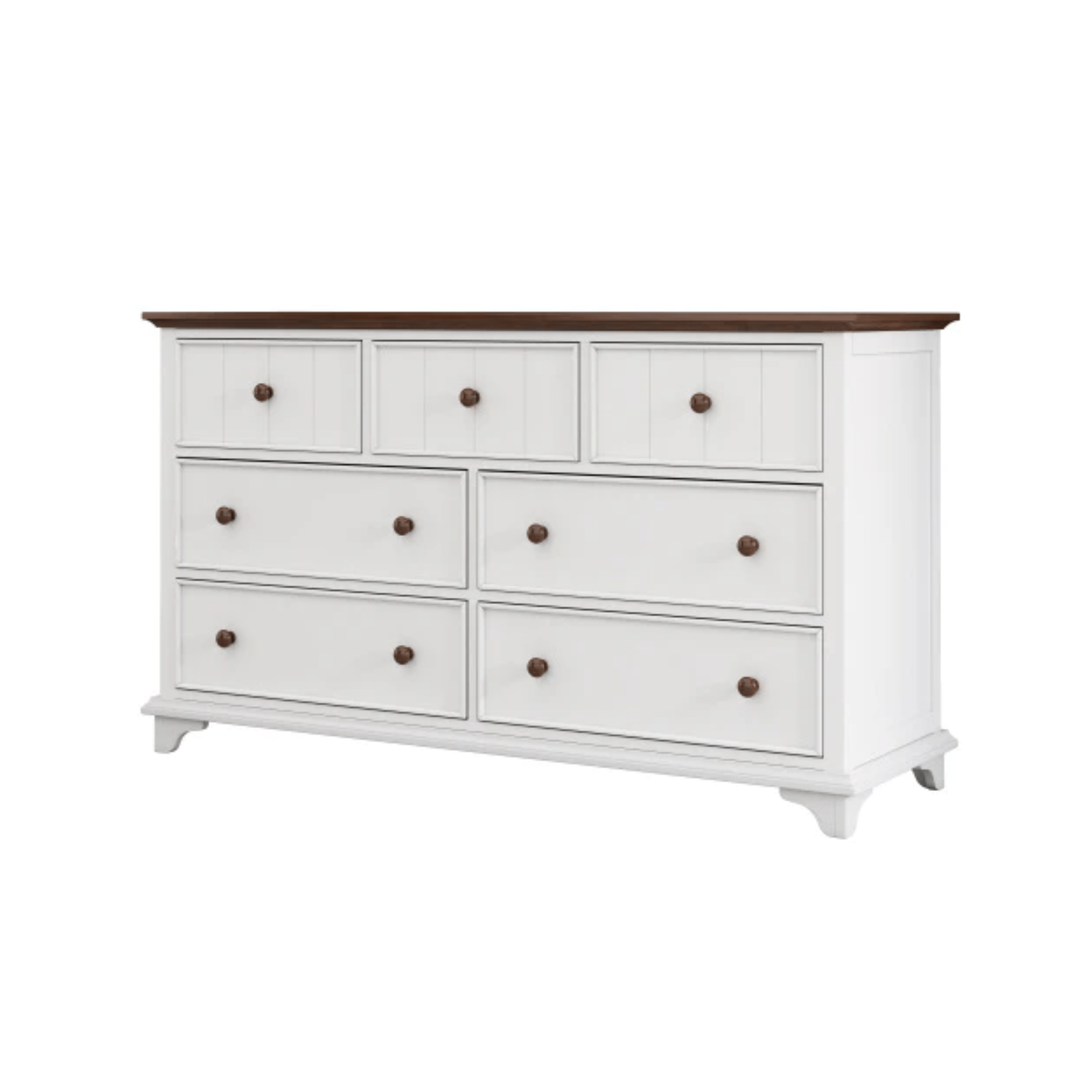 White dresser with brown top and drawers on a white background