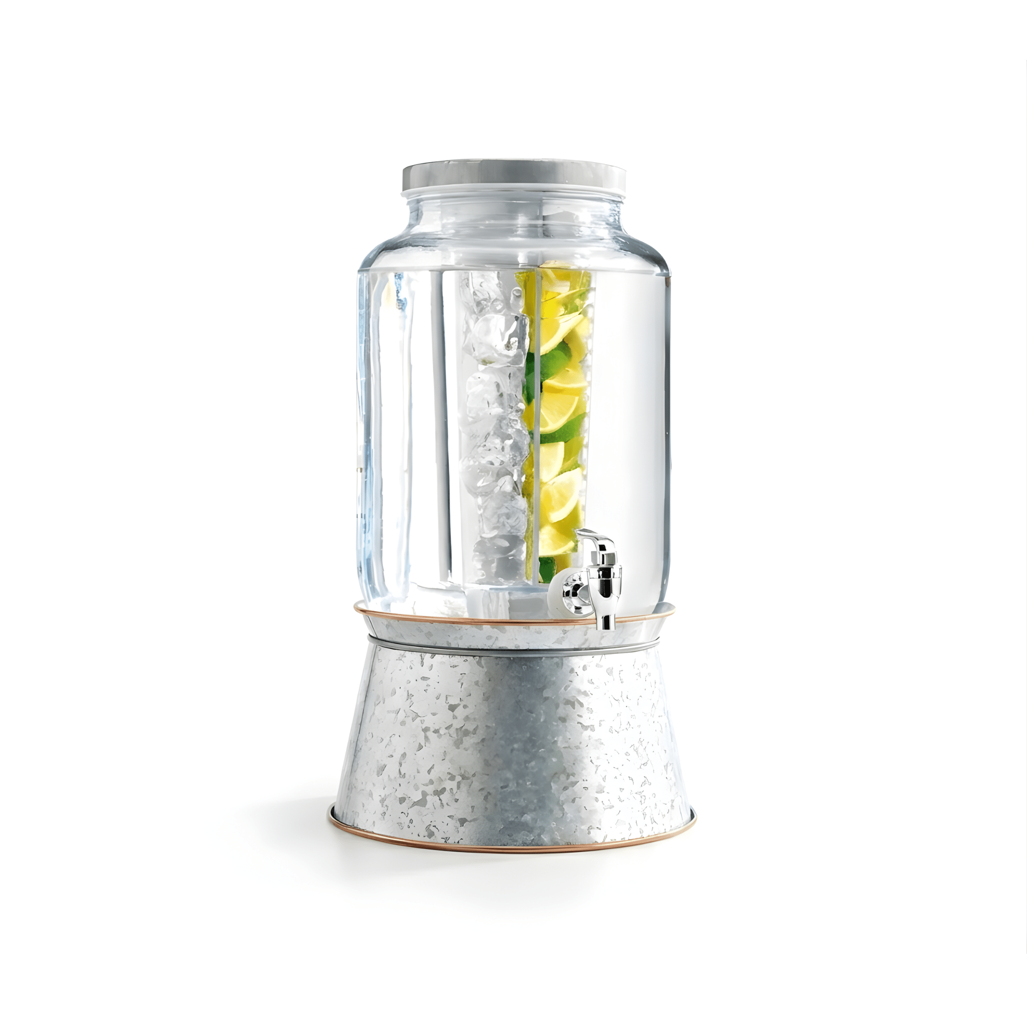 Clear blender with ice and a lemon inside on a white background