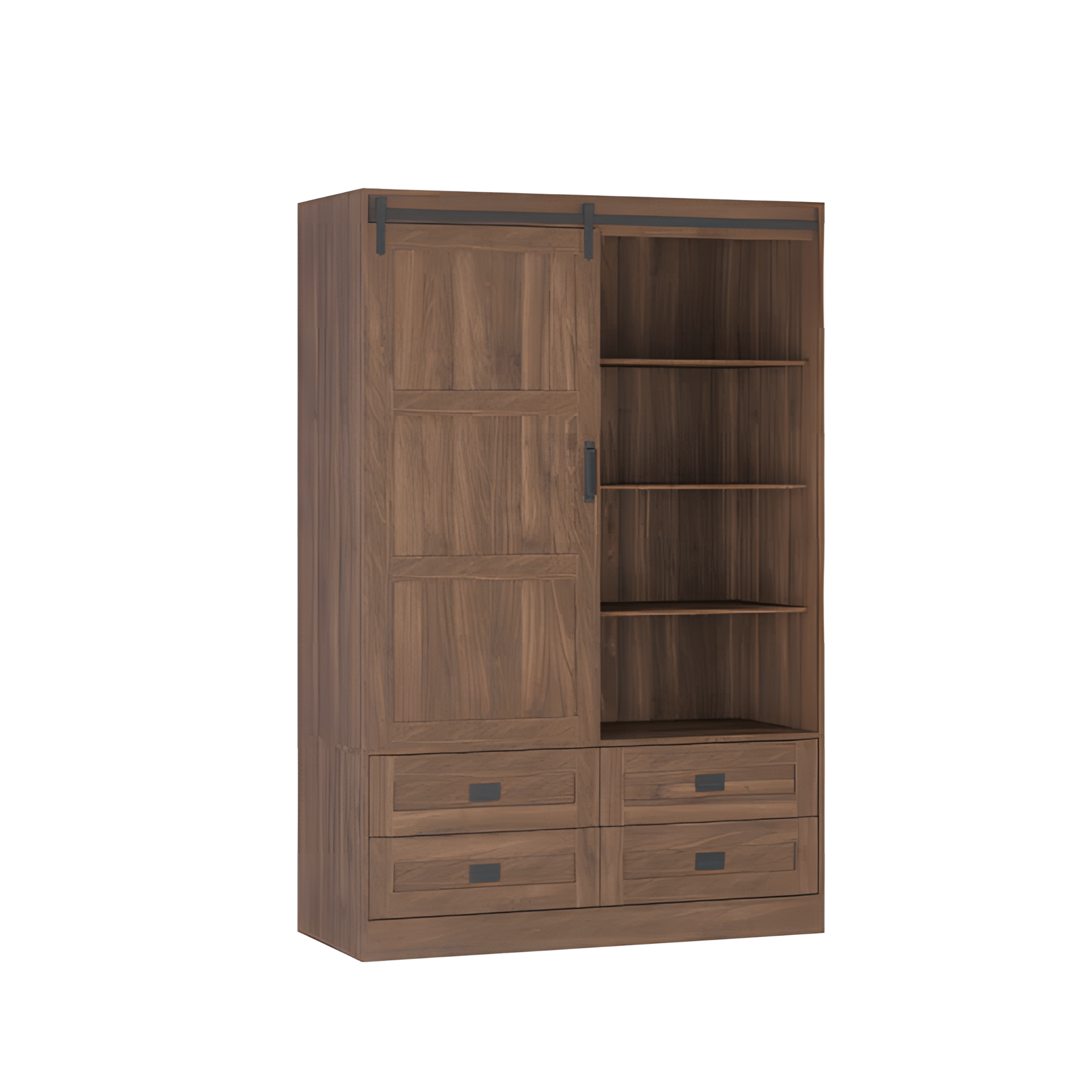 Wooden wardrobe with sliding door and shelves on a white background