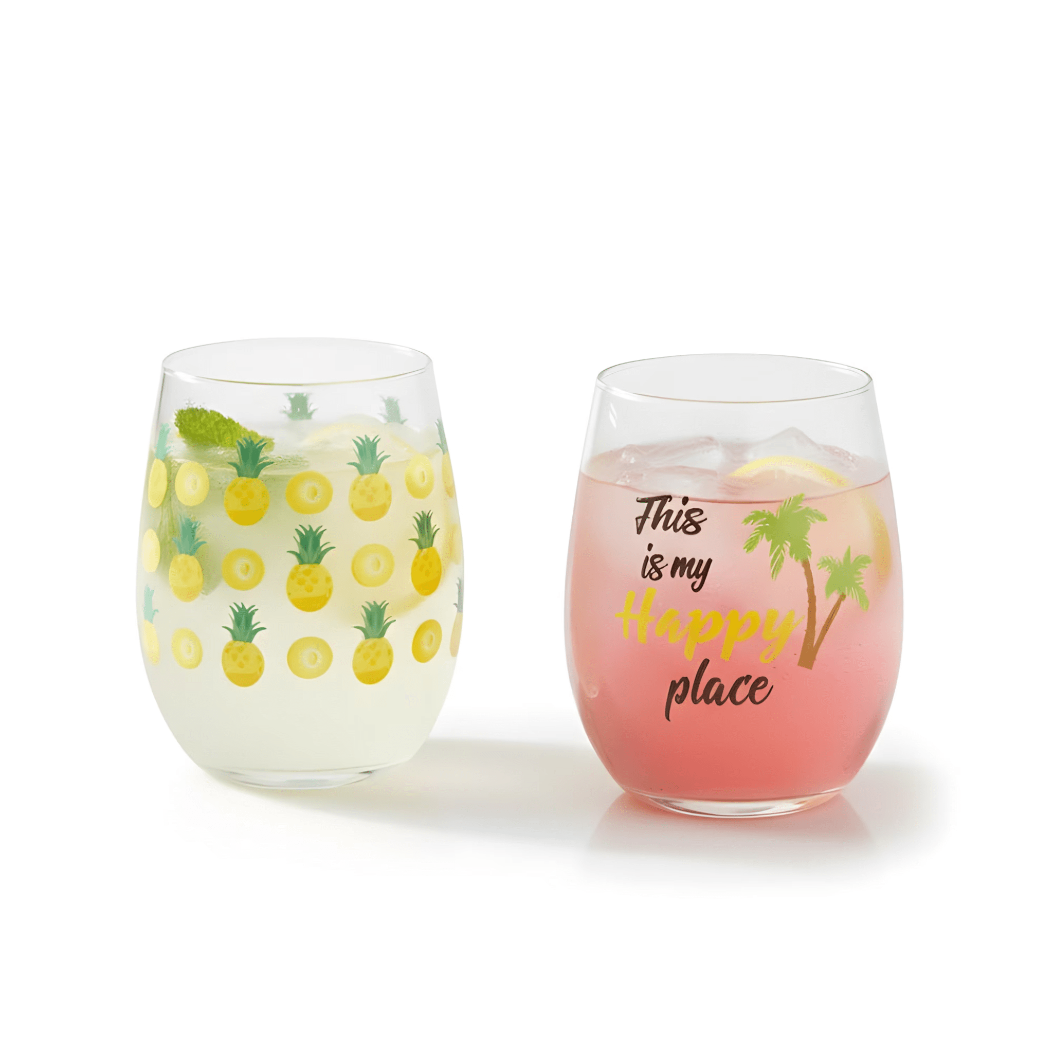 Set of 2 Tropical Stemless Wine Glasses - Pineapple & "Happy Place" Palm Tree Glassware