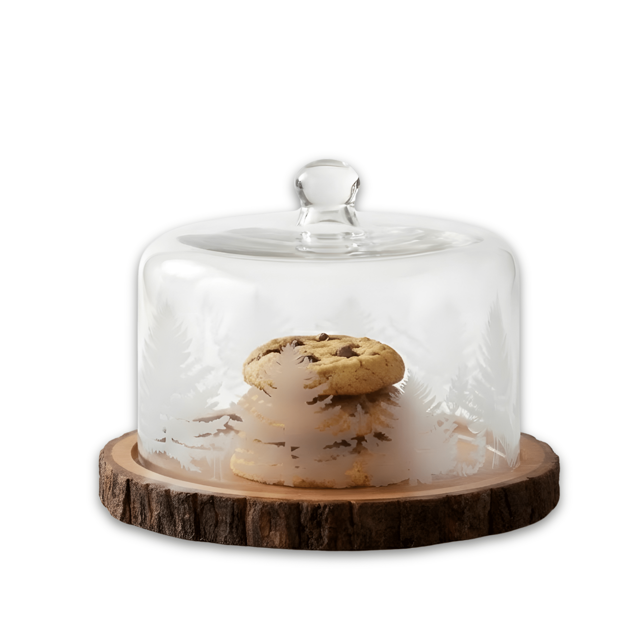 Glass dome with wooden base holding a cookie on a white background