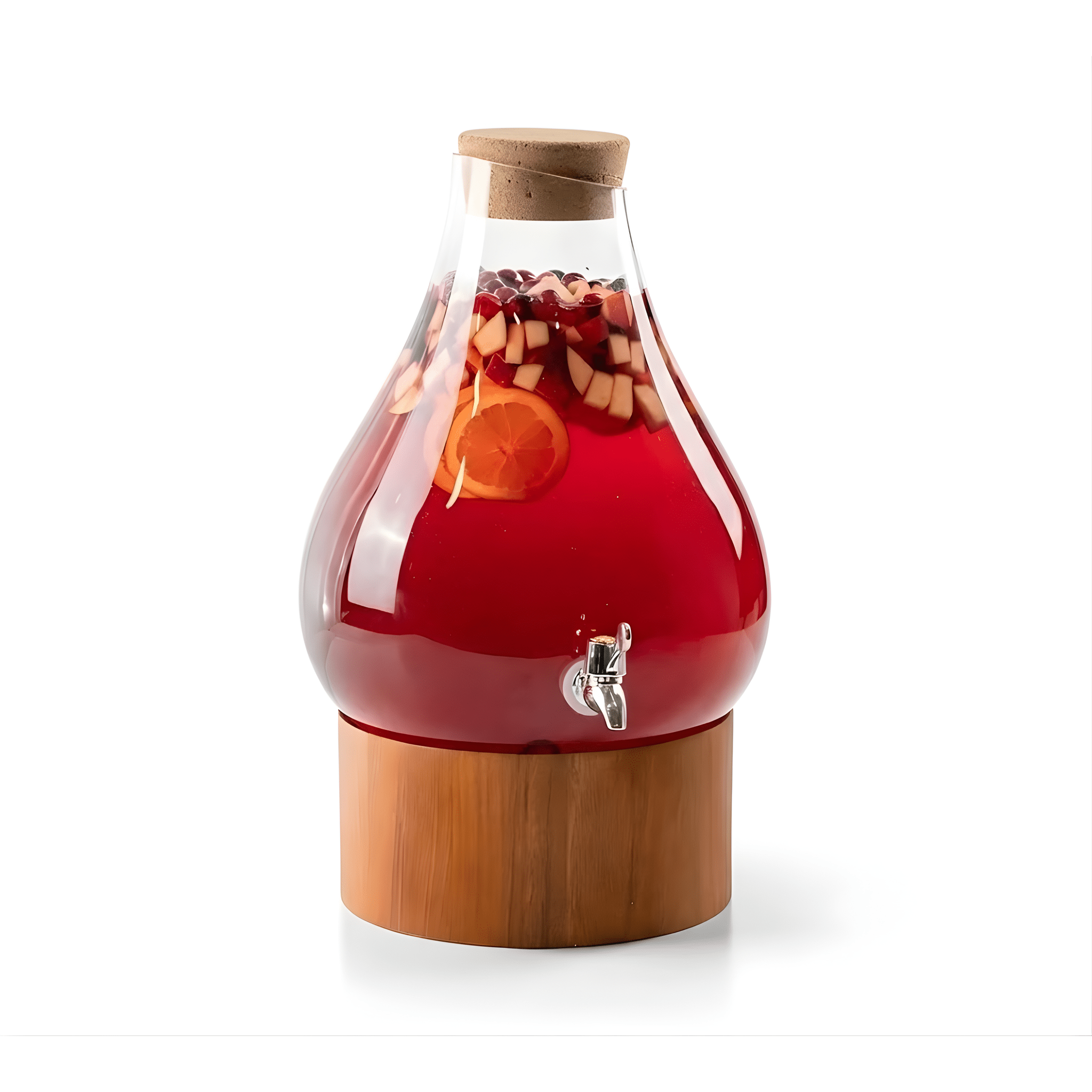 Glass carafe with wooden base and lid filled with red liquid and fruit pieces on a white background