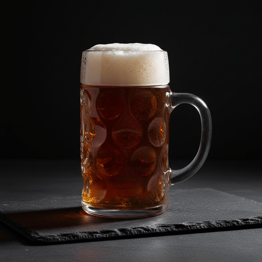 Glass beer mug filled with beer on a on a black ceramic coaster on a black wooden table on a black background