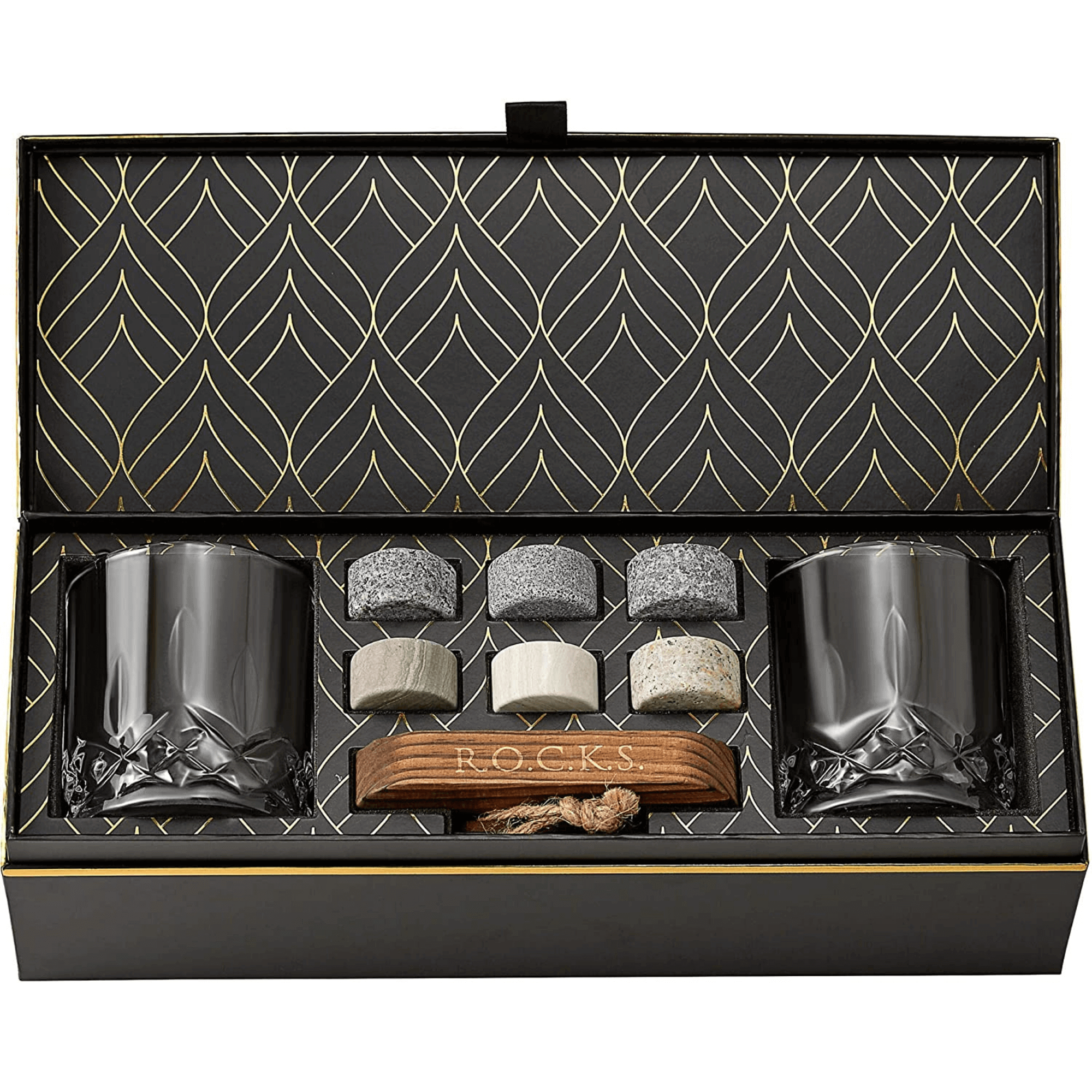 Set of rocks glasses and stones in a decorative box with geometric pattern