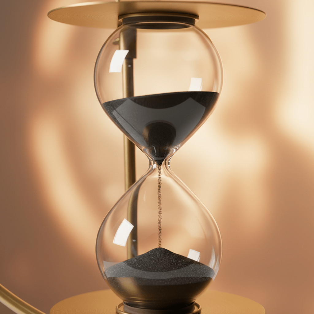 Close-up of golden brass hourglass with dark sand flowing through spherical glass chambers, warm ambient light