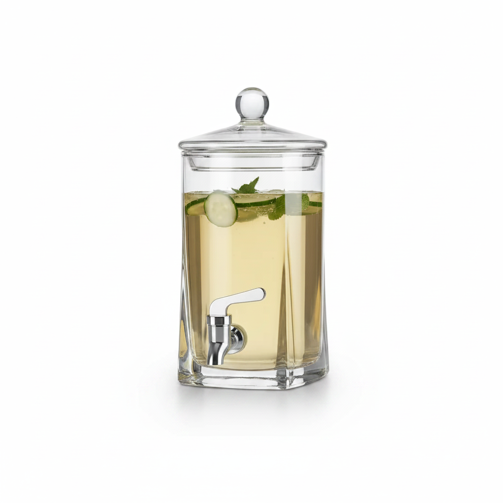 Glass beverage dispenser with a tap on a white background
