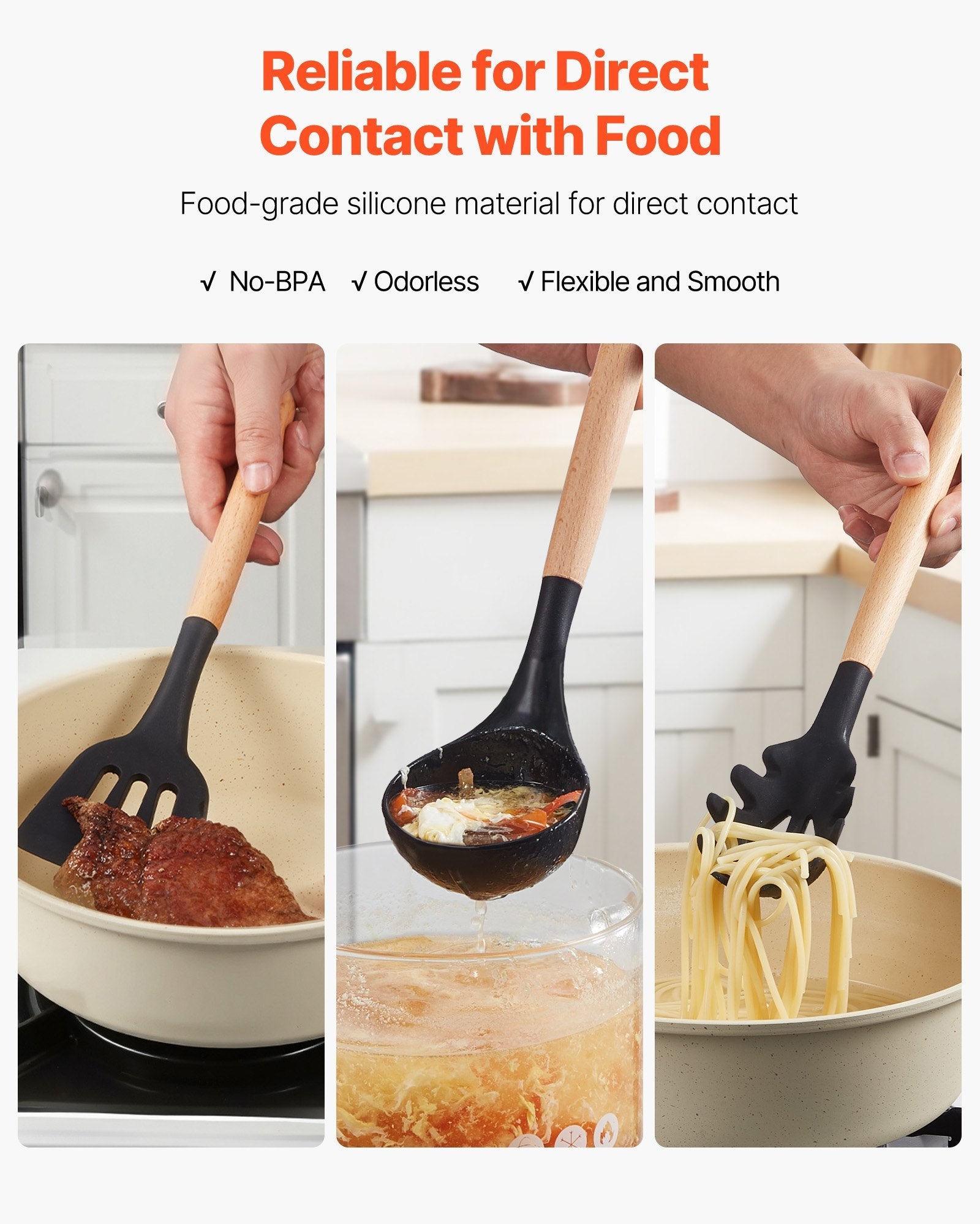 Silicone cooking utensils with text highlighting their food-grade material and features.
