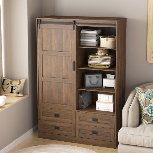 Wooden wardrobe with sliding doors in a room setting with a sofa and decorative pillows.