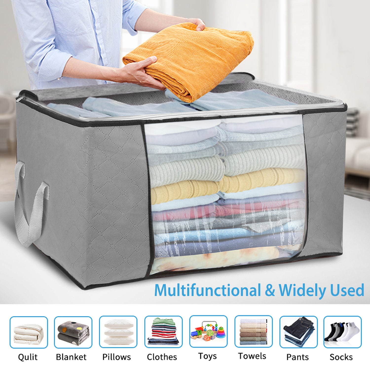 Person folding a yellow towel above a gray storage bag filled with folded clothes, with text 'Multifunctional & Widely Used' and icons below.