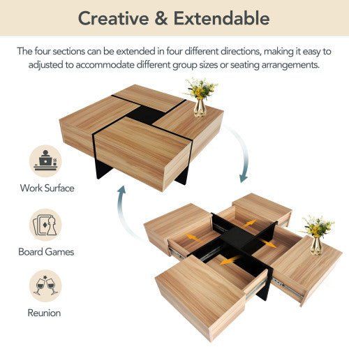 Modern Square Coffee Table with Sliding Top & Hidden Storage