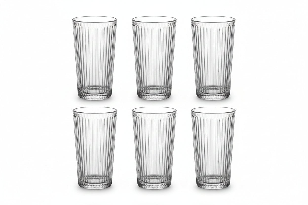 Set of 6 ribbed highball glasses arranged in two rows on a white background, 18 oz clear glass with vertical ribbed texture