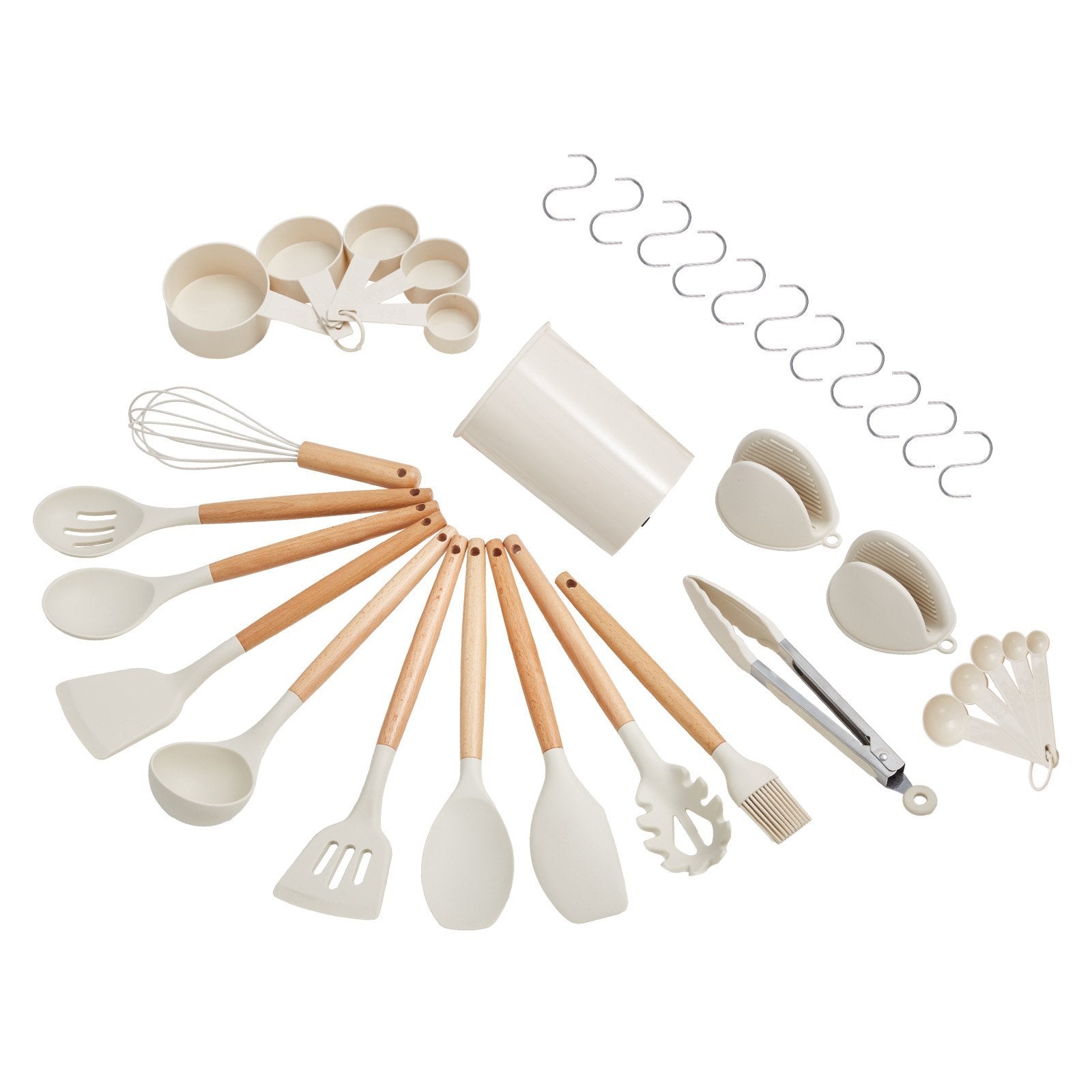 Set of kitchen utensils including spatulas, ladles, and measuring cups on a white background