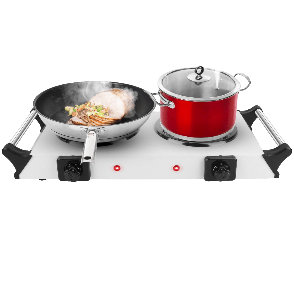 2000 Watt Electric Furnace, Portable Dual Stove on countertop with cookware.