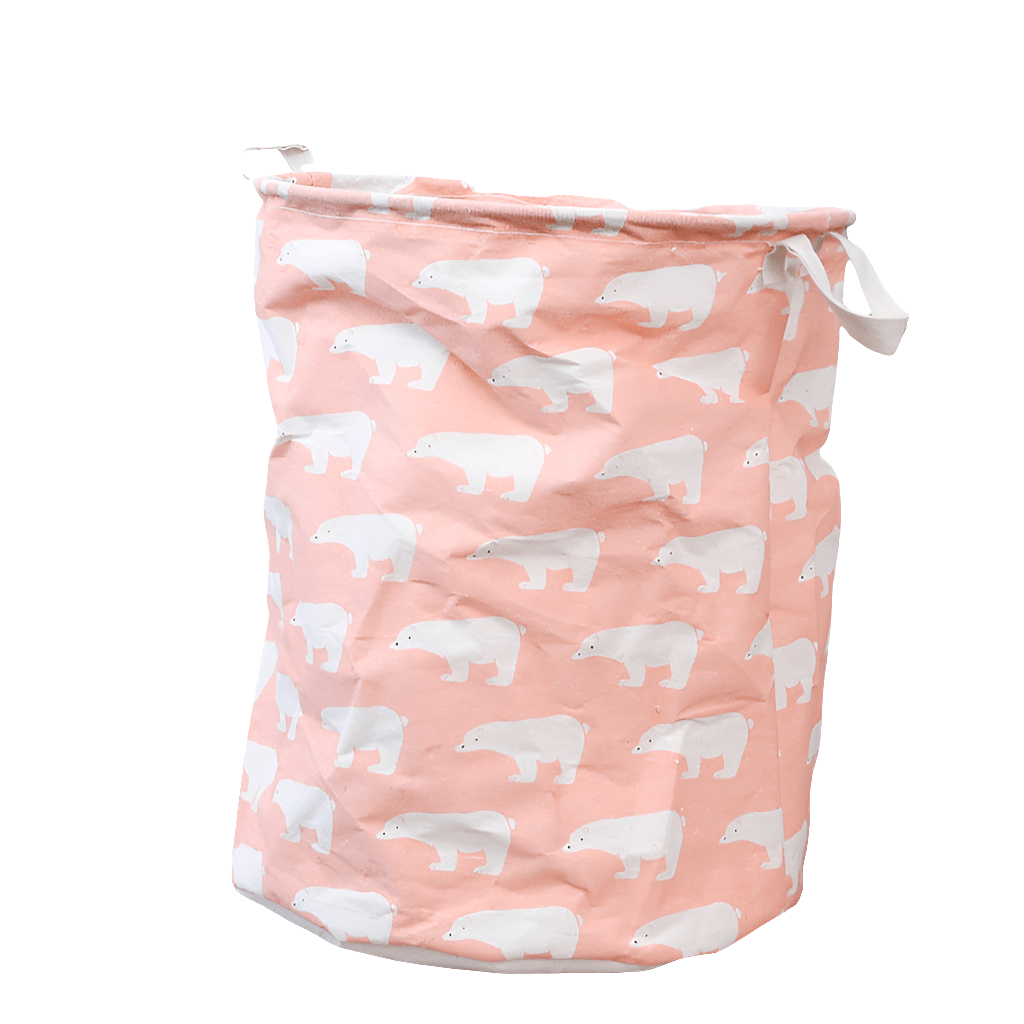 Household cloth dirty clothes basket with pink polar bear design, cotton and linen material, 34x42cm.