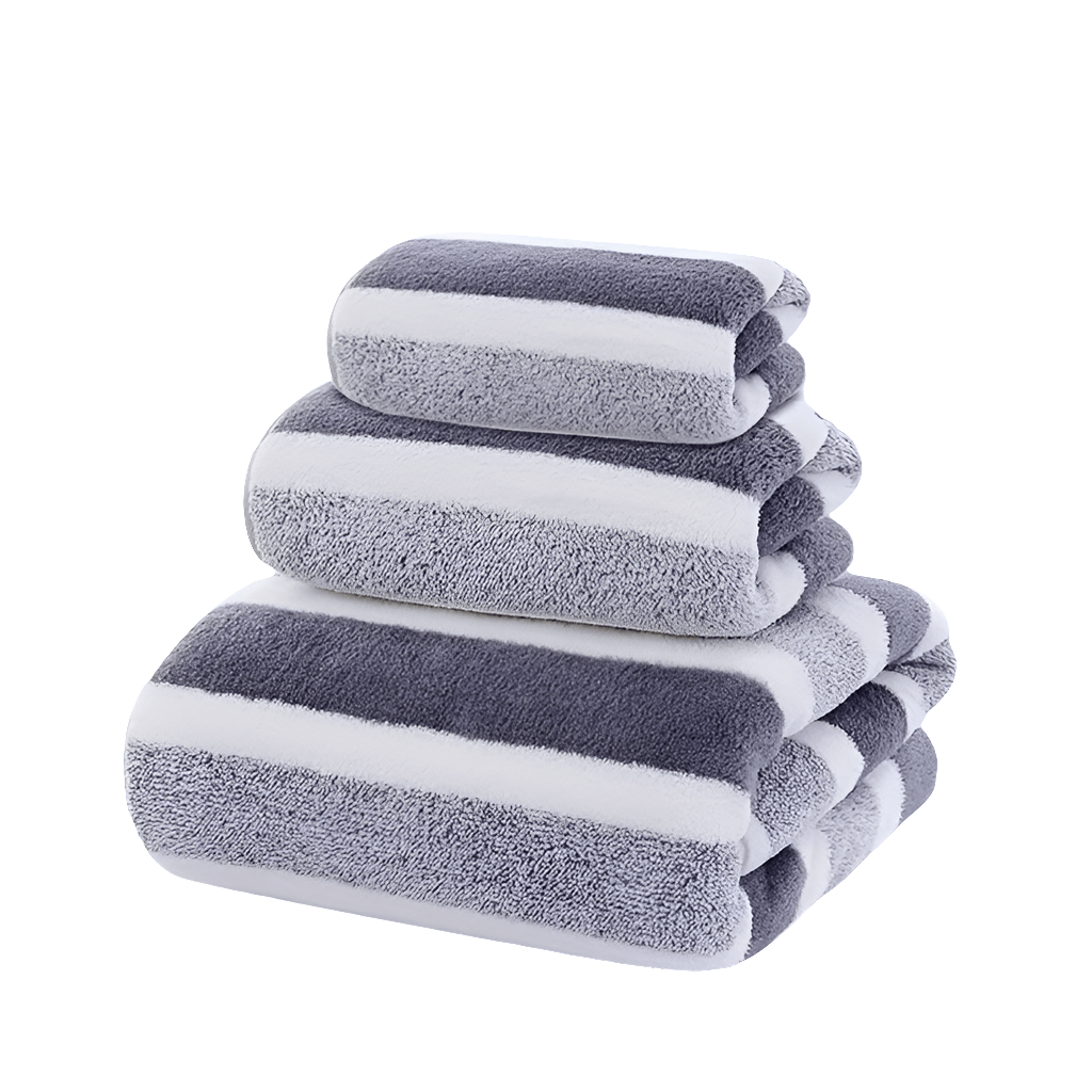 3 piece towel and bath towel set with striped design, soft and absorbent.