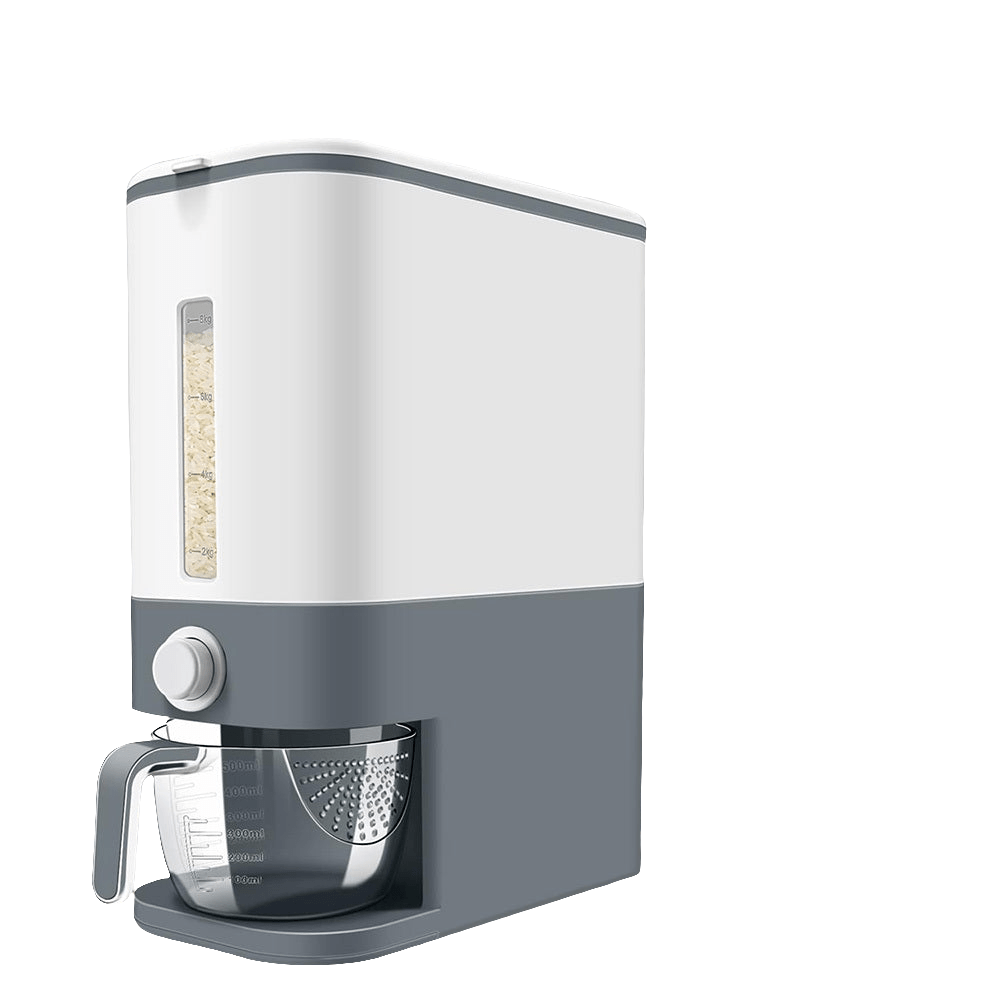 Rice dispenser with a 22-25 lbs capacity, featuring a measuring cup for easy portioning and freshness, ideal for kitchen organization.