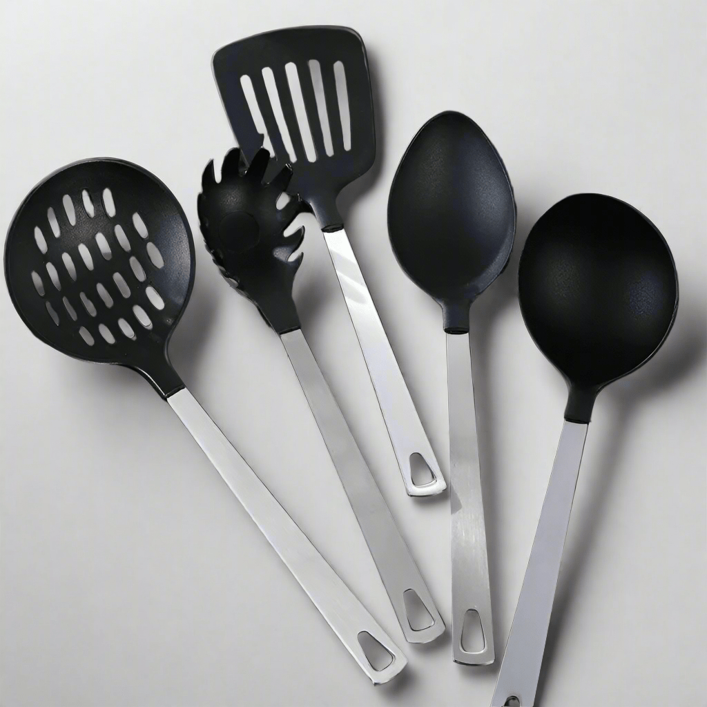 5-piece nylon stainless steel cooking utensil set with black design.