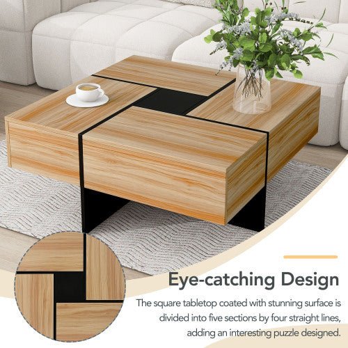 Wooden coffee table with a geometric design in a living room setting