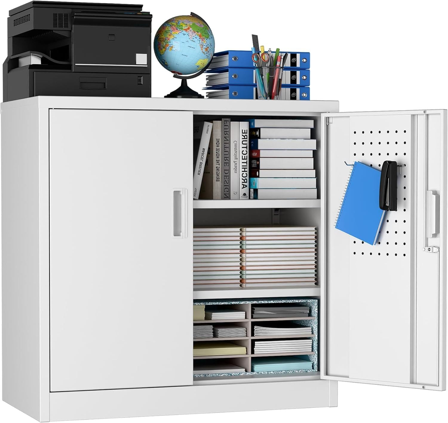 White storage cabinet with open door showing organized shelves, on a white background.