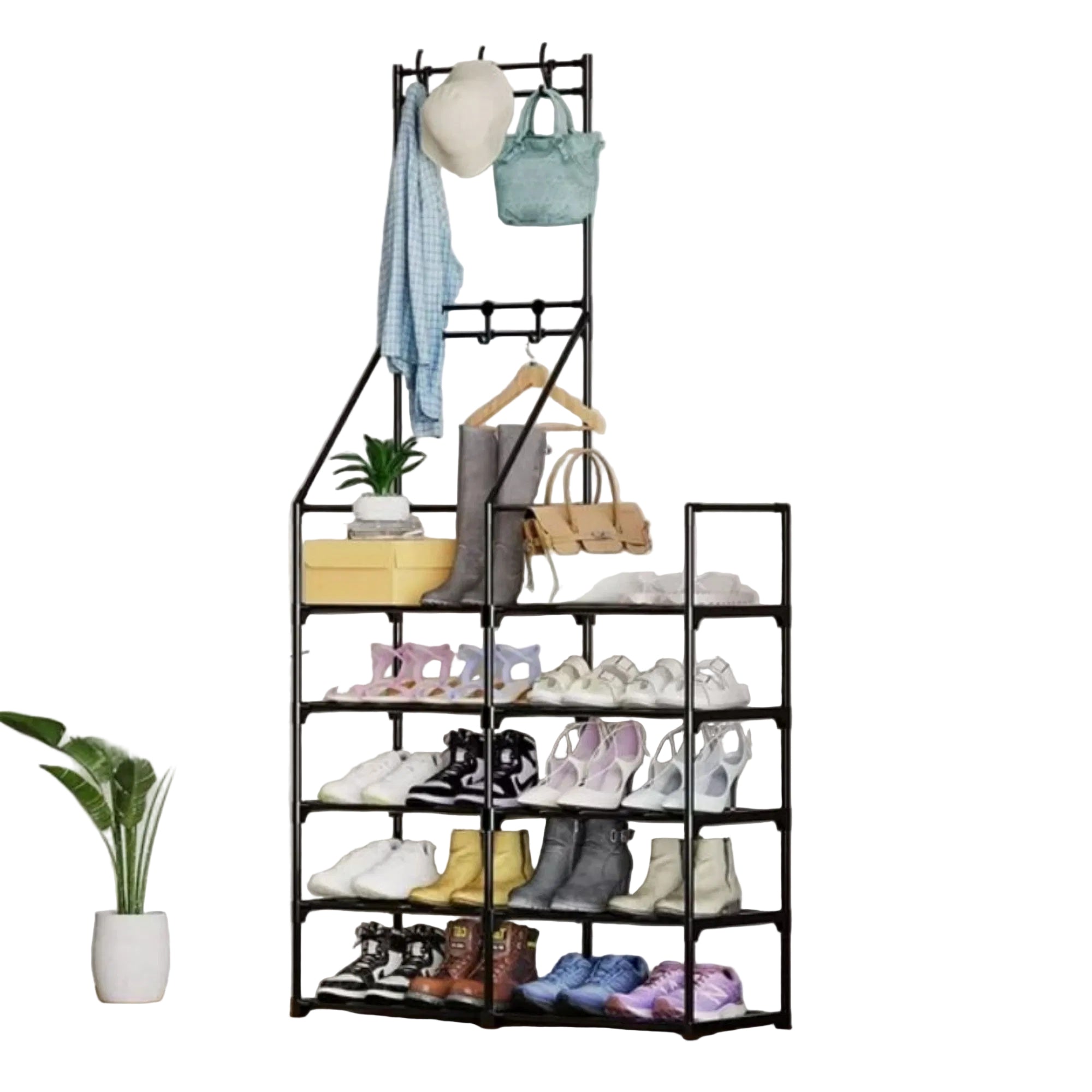 Shoe rack with various shoes and bags on shelves in a room with a plant and door.