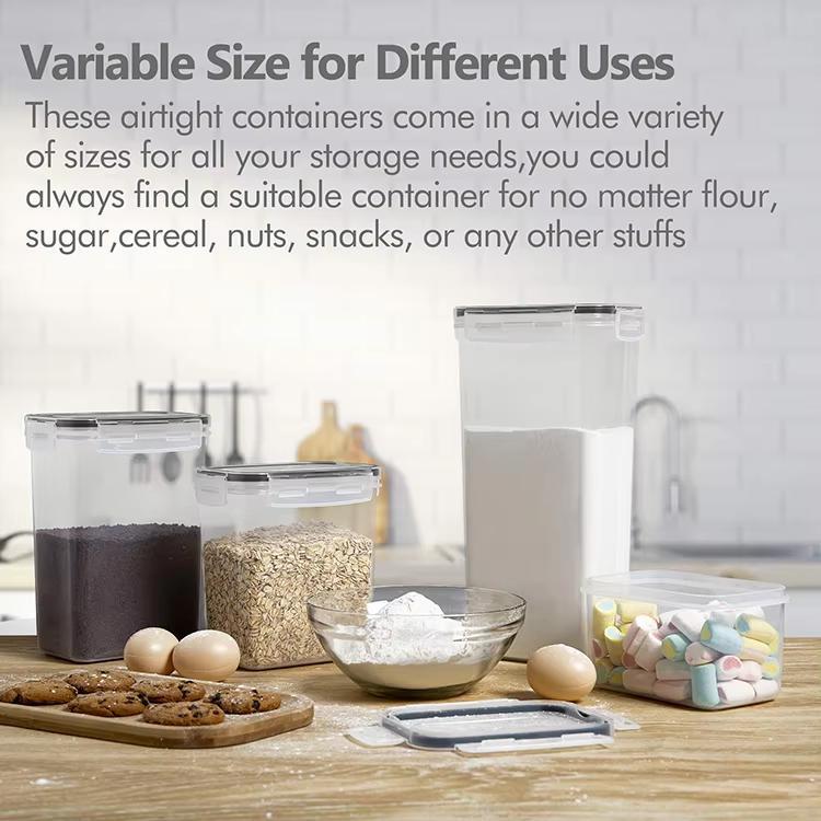 Airtight containers on a kitchen counter with text about variable sizes for storage needs.
